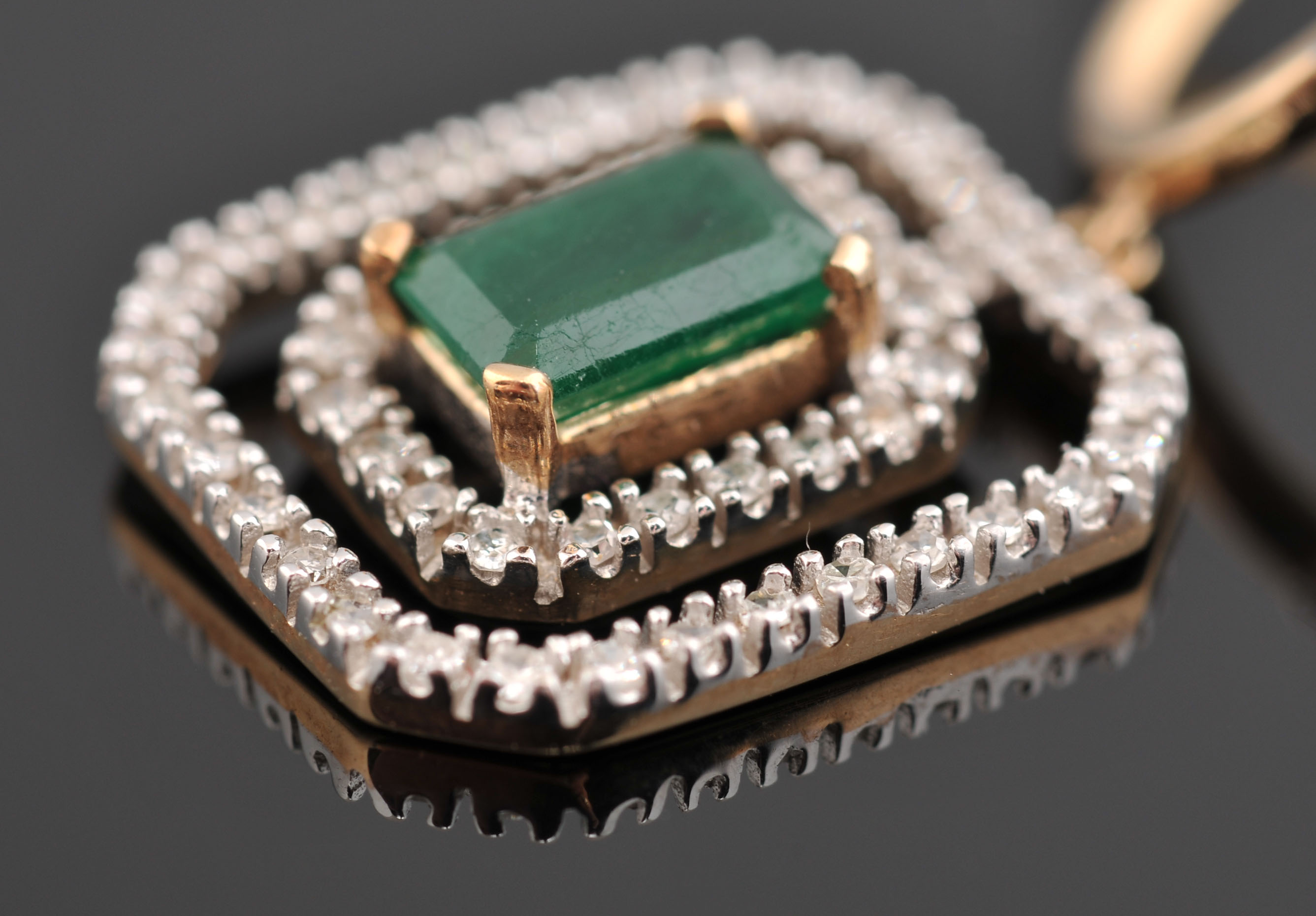 Pair of 14 K Yellow Gold Emerald and Diamond Dangle Earrings