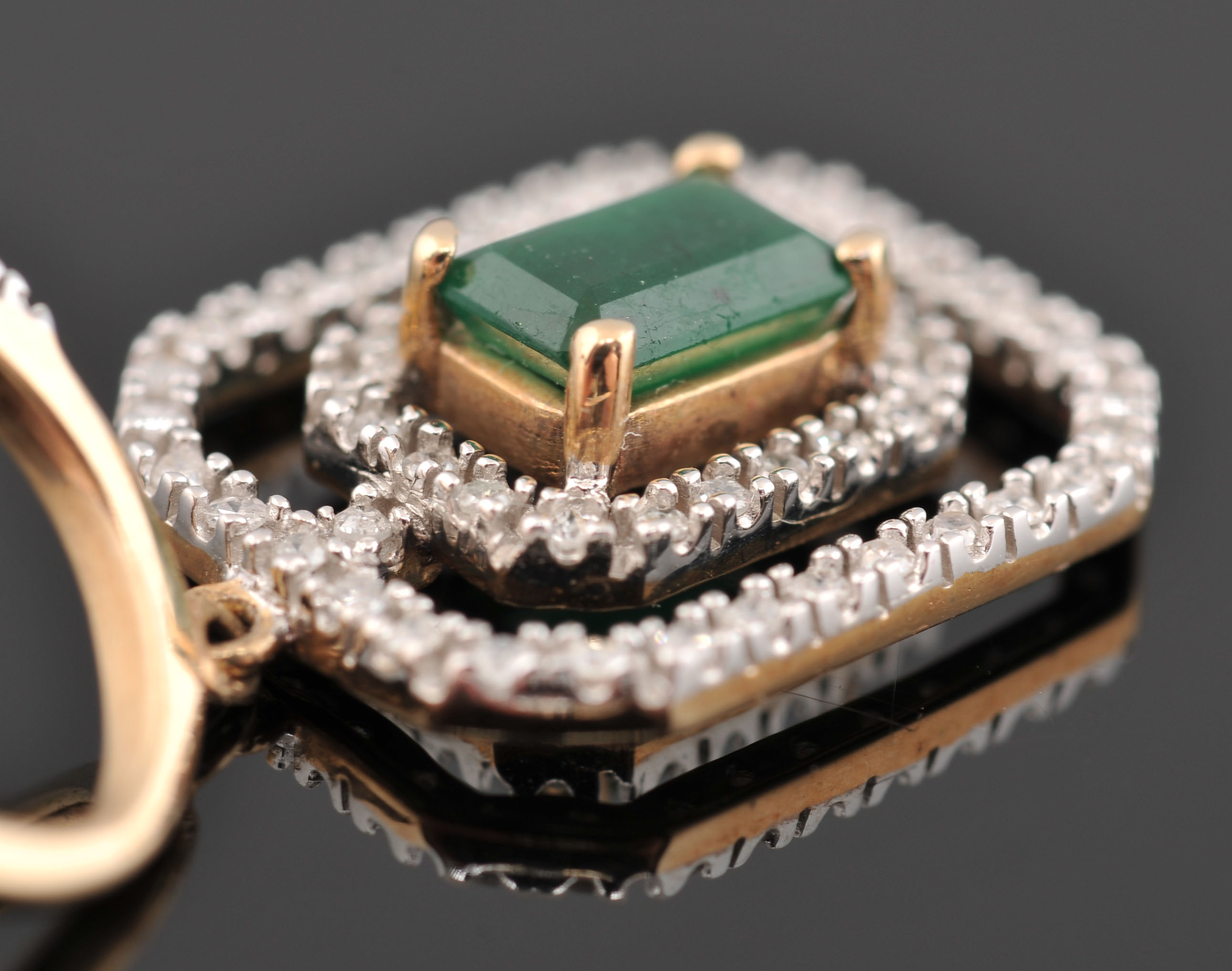 Pair of 14 K Yellow Gold Emerald and Diamond Dangle Earrings