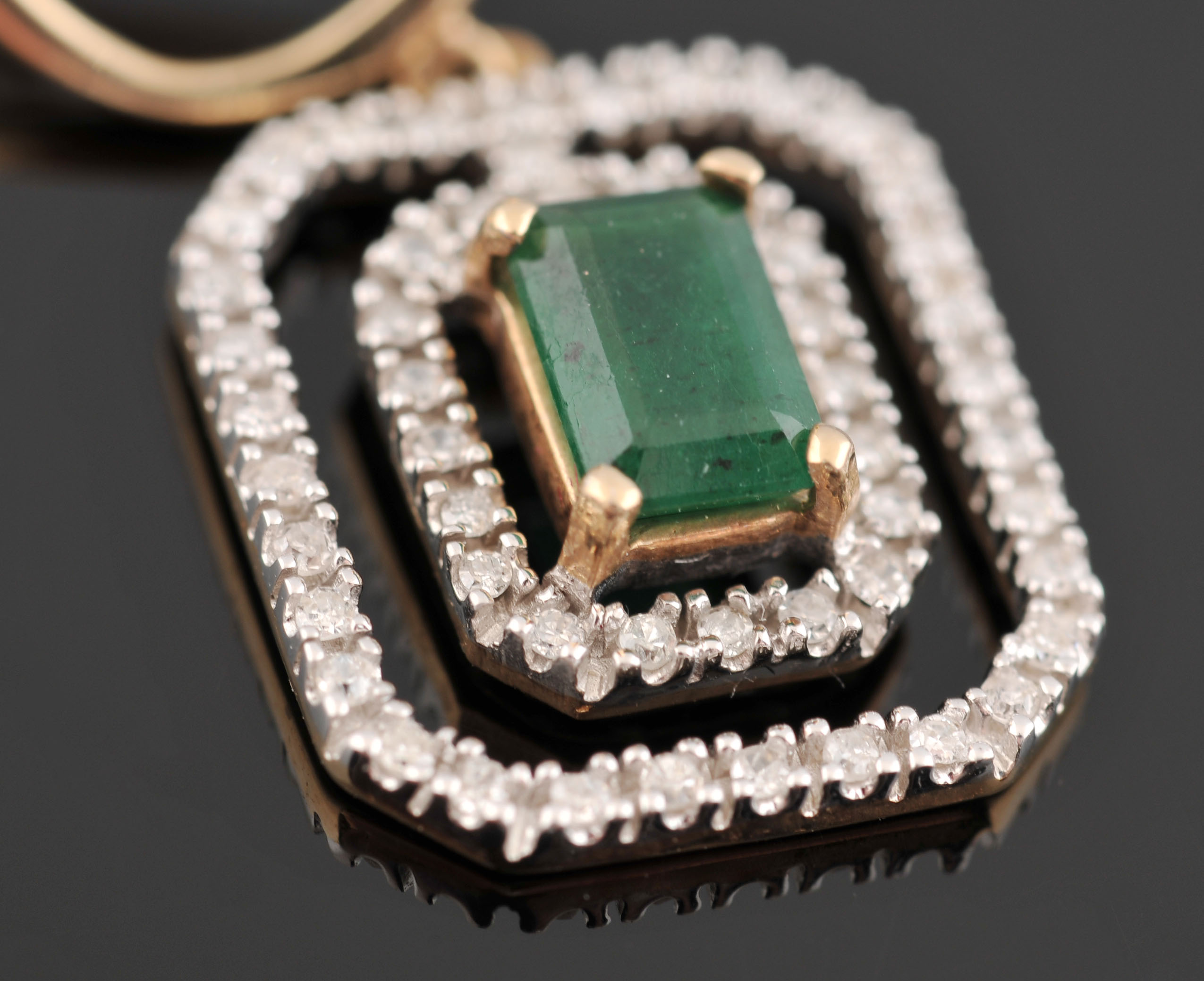 Pair of 14 K Yellow Gold Emerald and Diamond Dangle Earrings