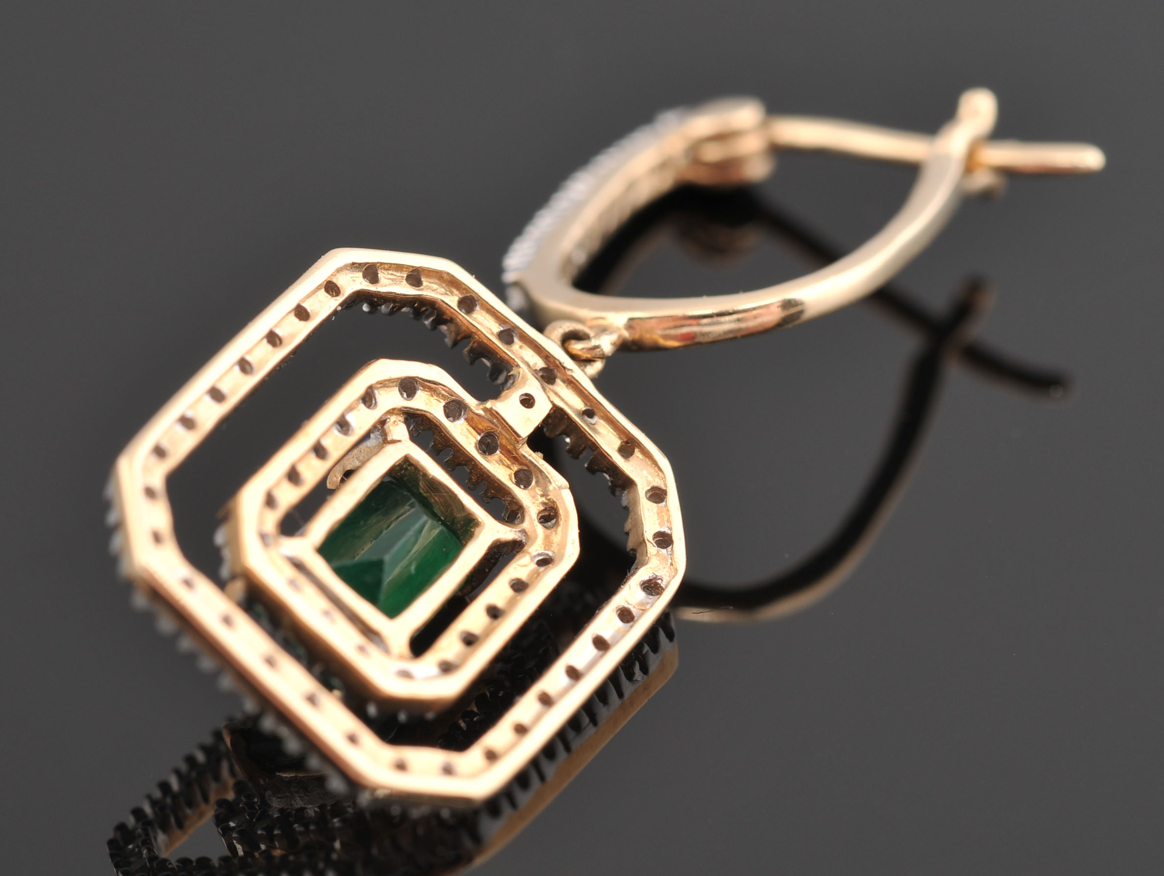 Pair of 14 K Yellow Gold Emerald and Diamond Dangle Earrings