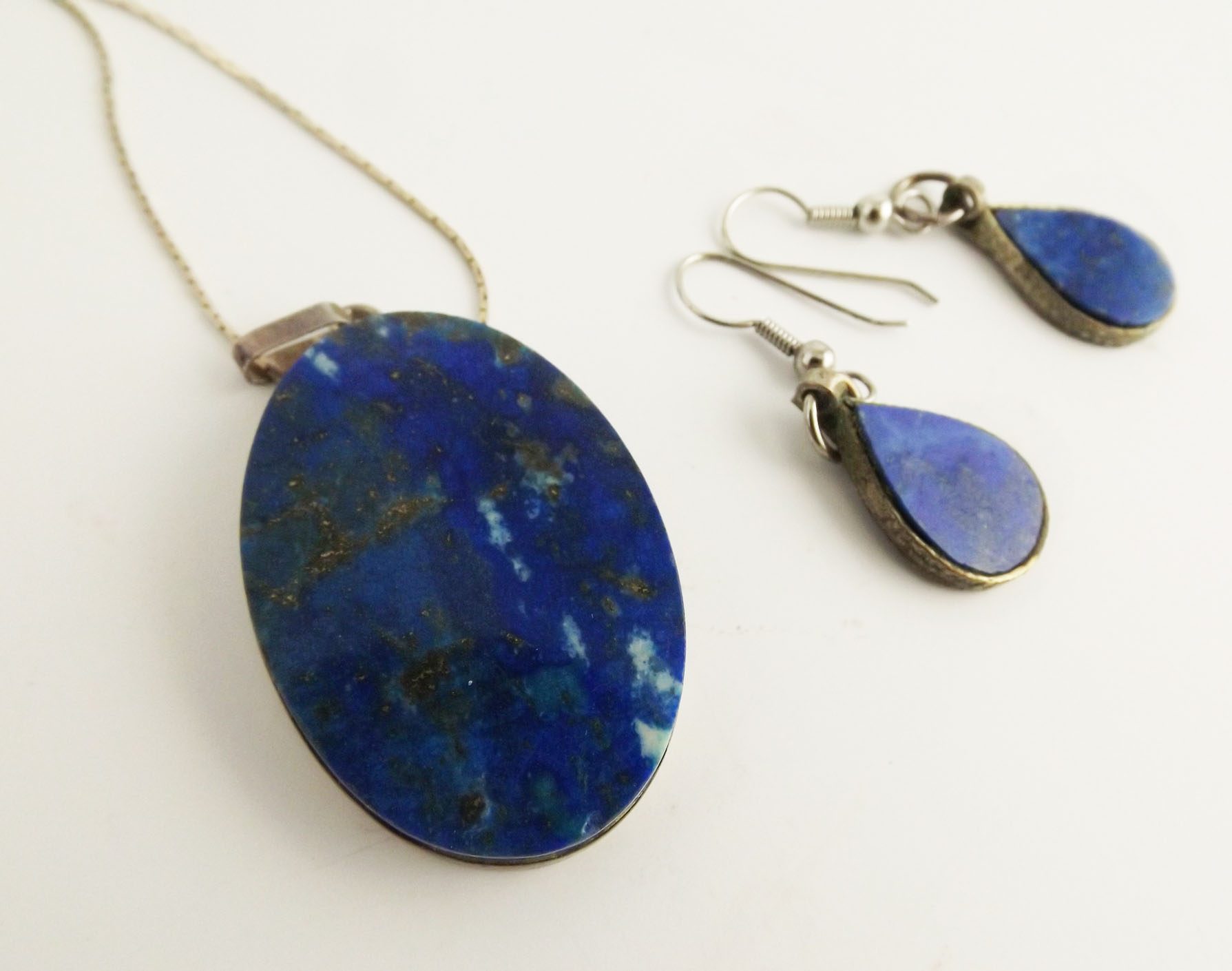 Italian Sterling Silver and Lapis Pendant Necklace and Earrings