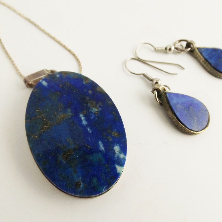 Italian Sterling Silver and Lapis Pendant Necklace and Earrings