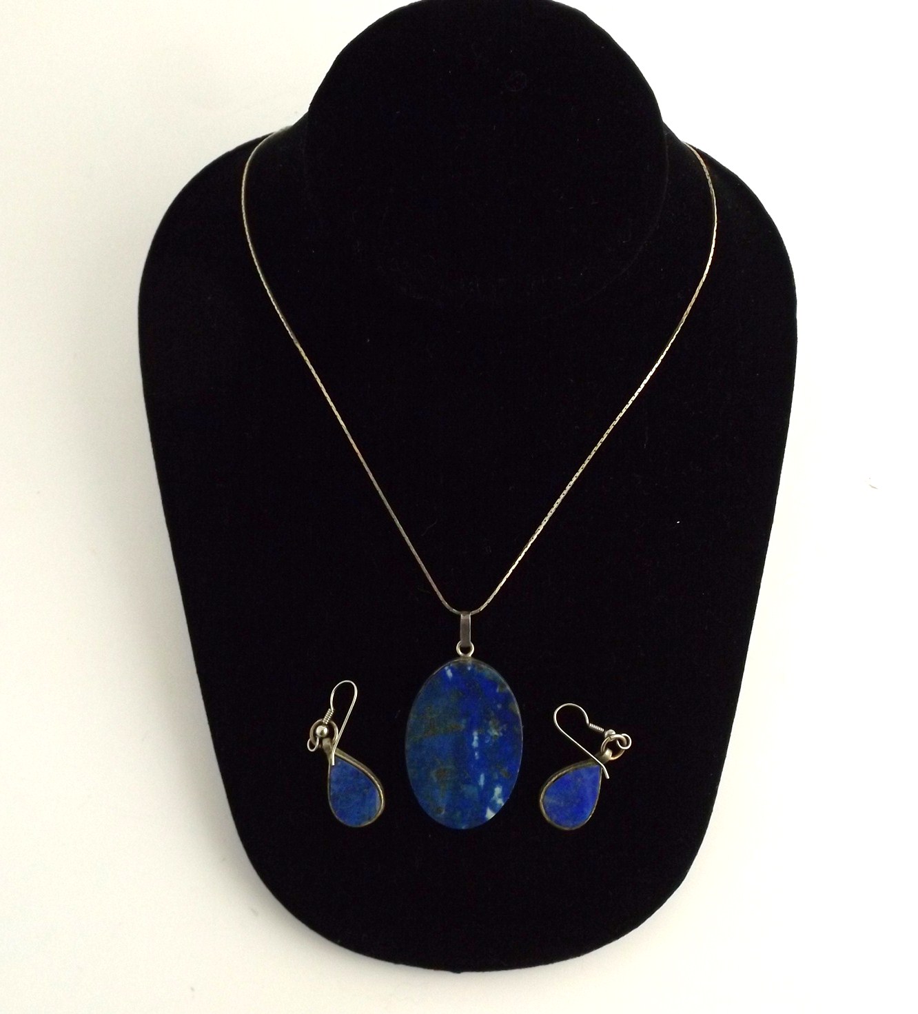 Italian Sterling Silver and Lapis Pendant Necklace and Earrings
