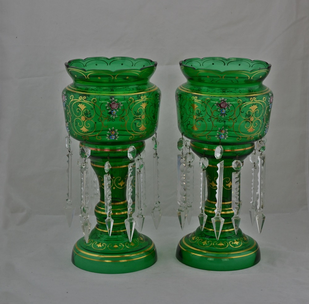  Pair Of Victorian Era Bohemian Czech Glass Mantel Lusters