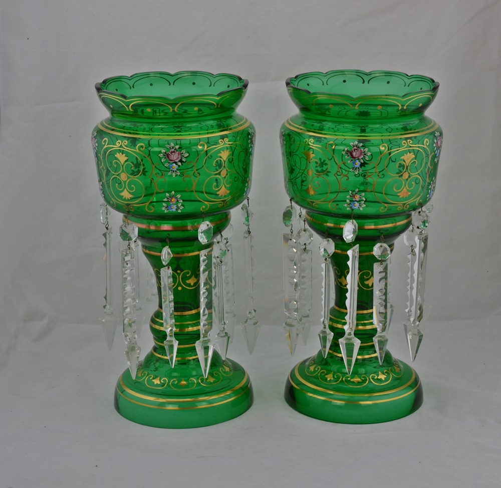  Pair Of Victorian Era Bohemian Czech Glass Mantel Lusters