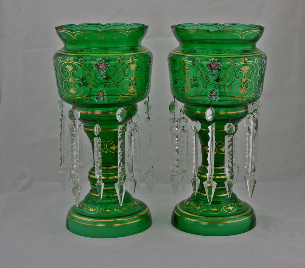  Pair Of Victorian Era Bohemian Czech Glass Mantel Lusters
