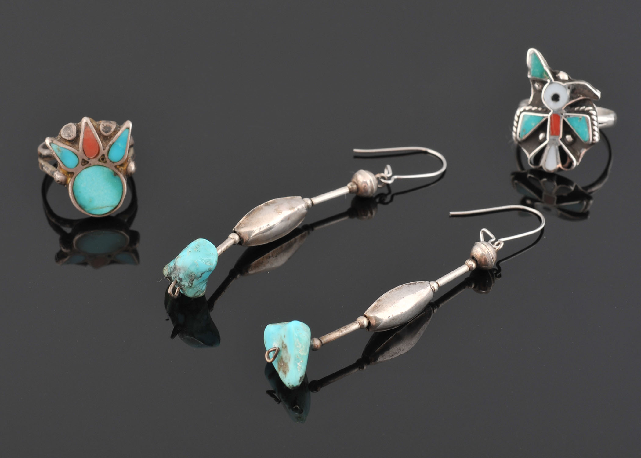 Two Unmarked Silver Zuni Indian Inlay Rings and Earrings