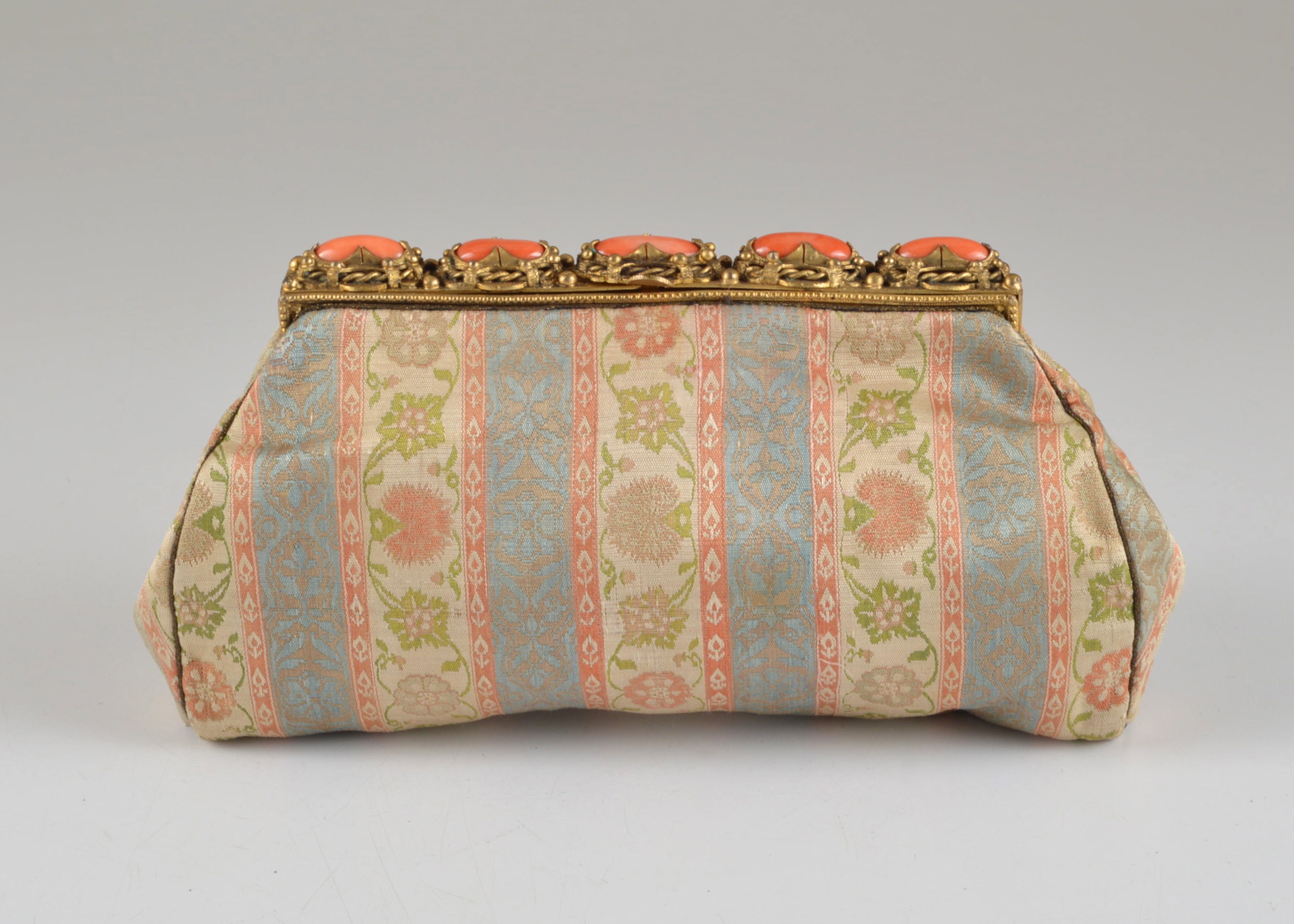 French Early 20th Century Silk Brocade Clutch with Coral Glass