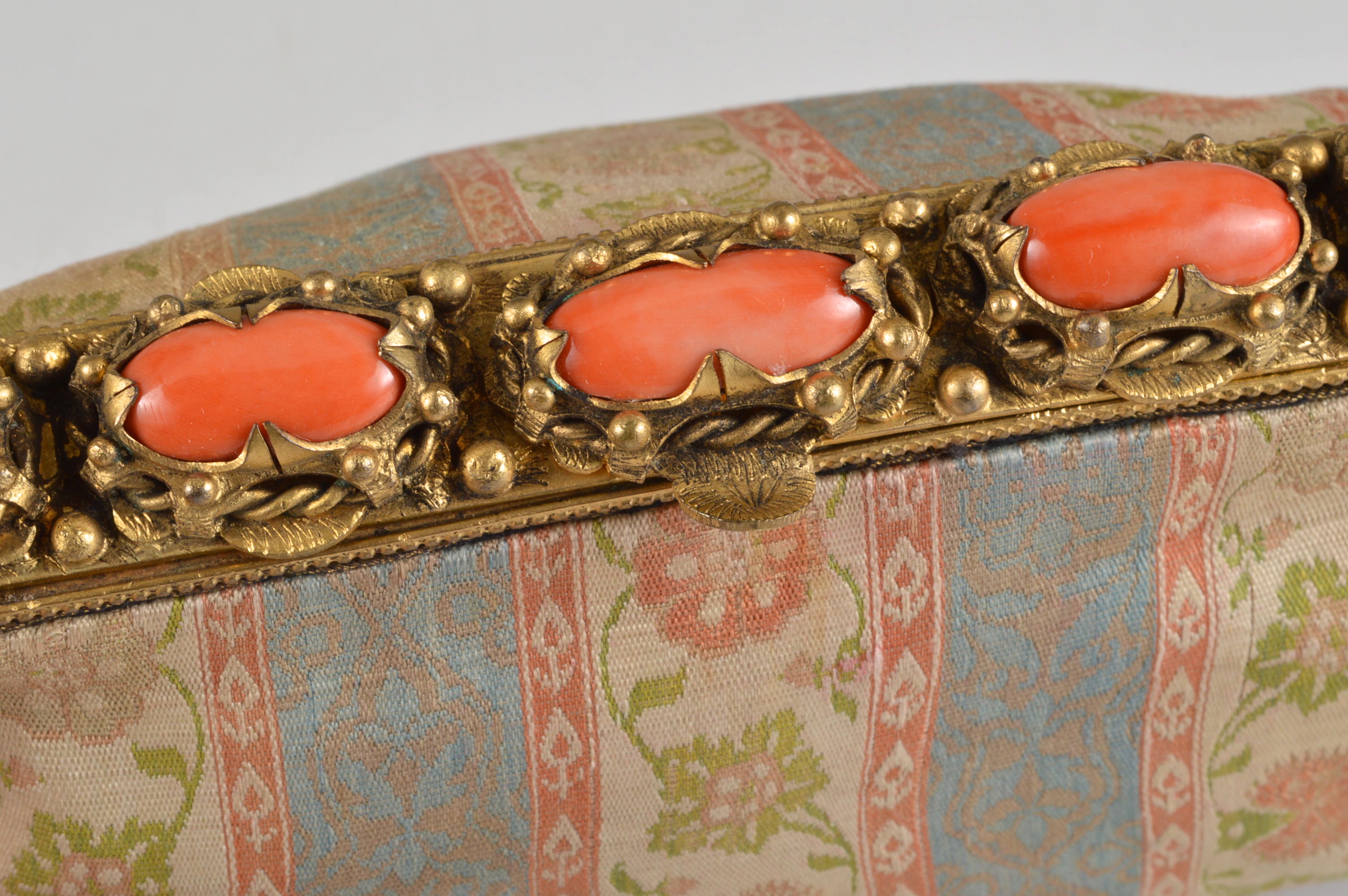 French Early 20th Century Silk Brocade Clutch with Coral Glass