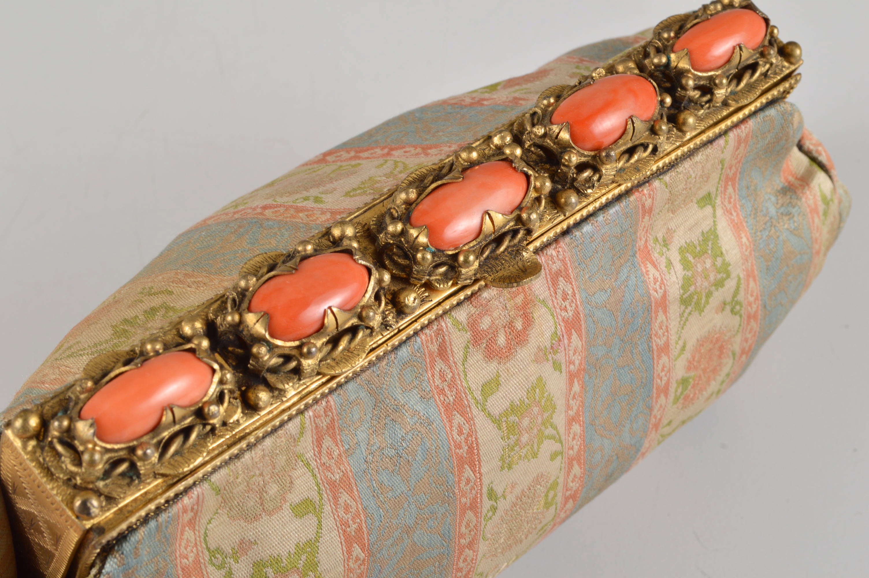 French Early 20th Century Silk Brocade Clutch with Coral Glass