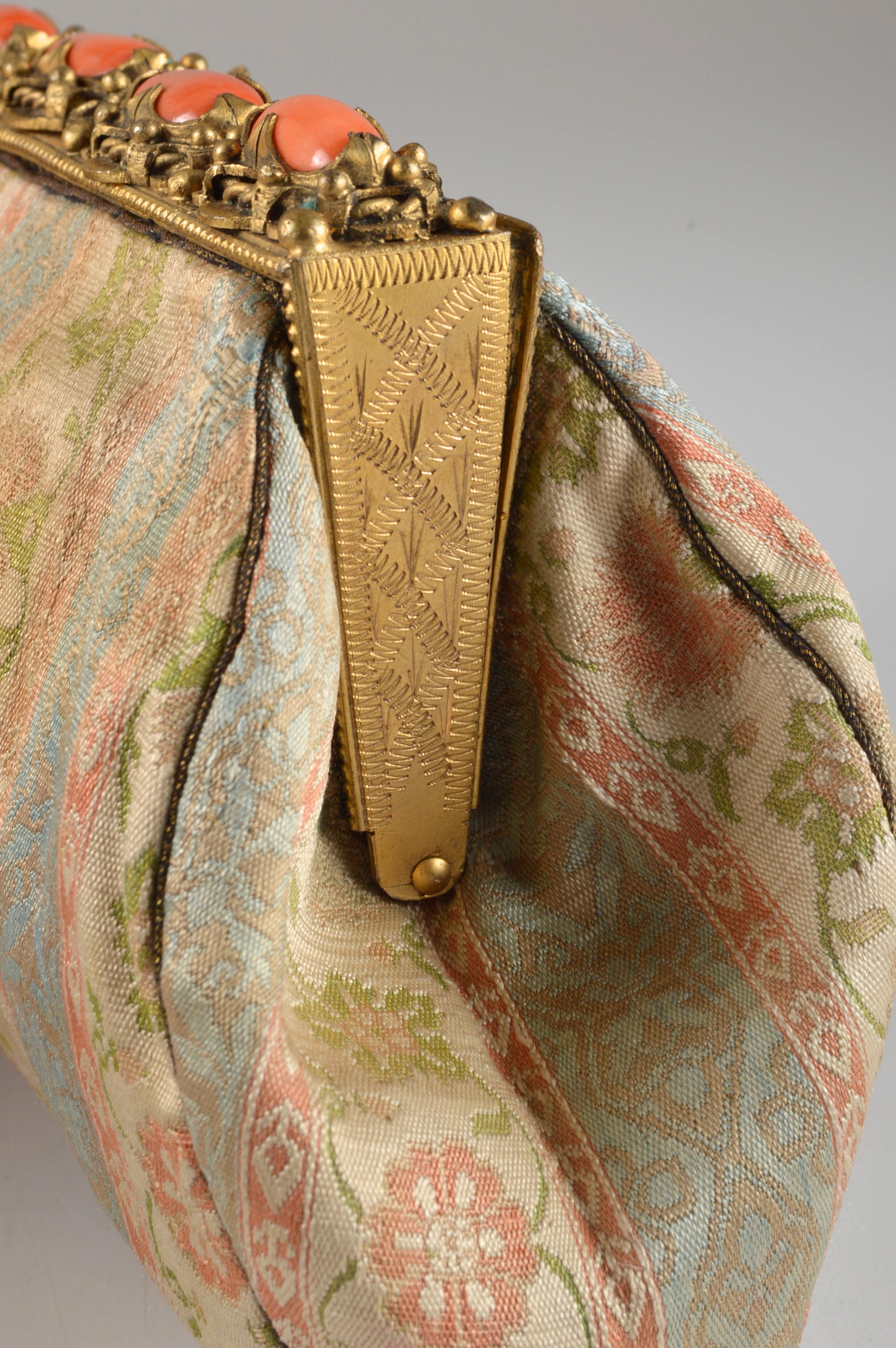 French Early 20th Century Silk Brocade Clutch with Coral Glass