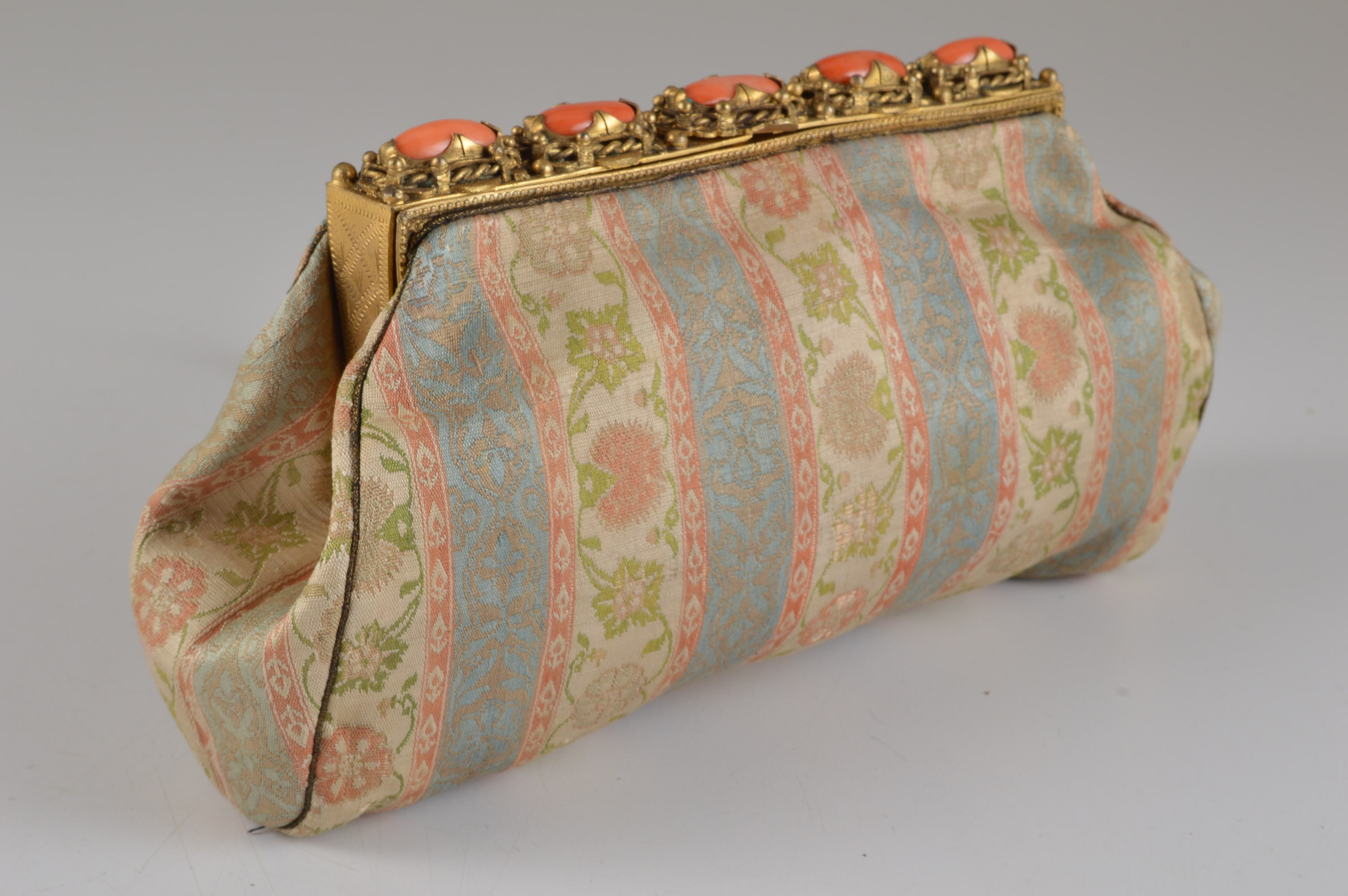 French Early 20th Century Silk Brocade Clutch with Coral Glass