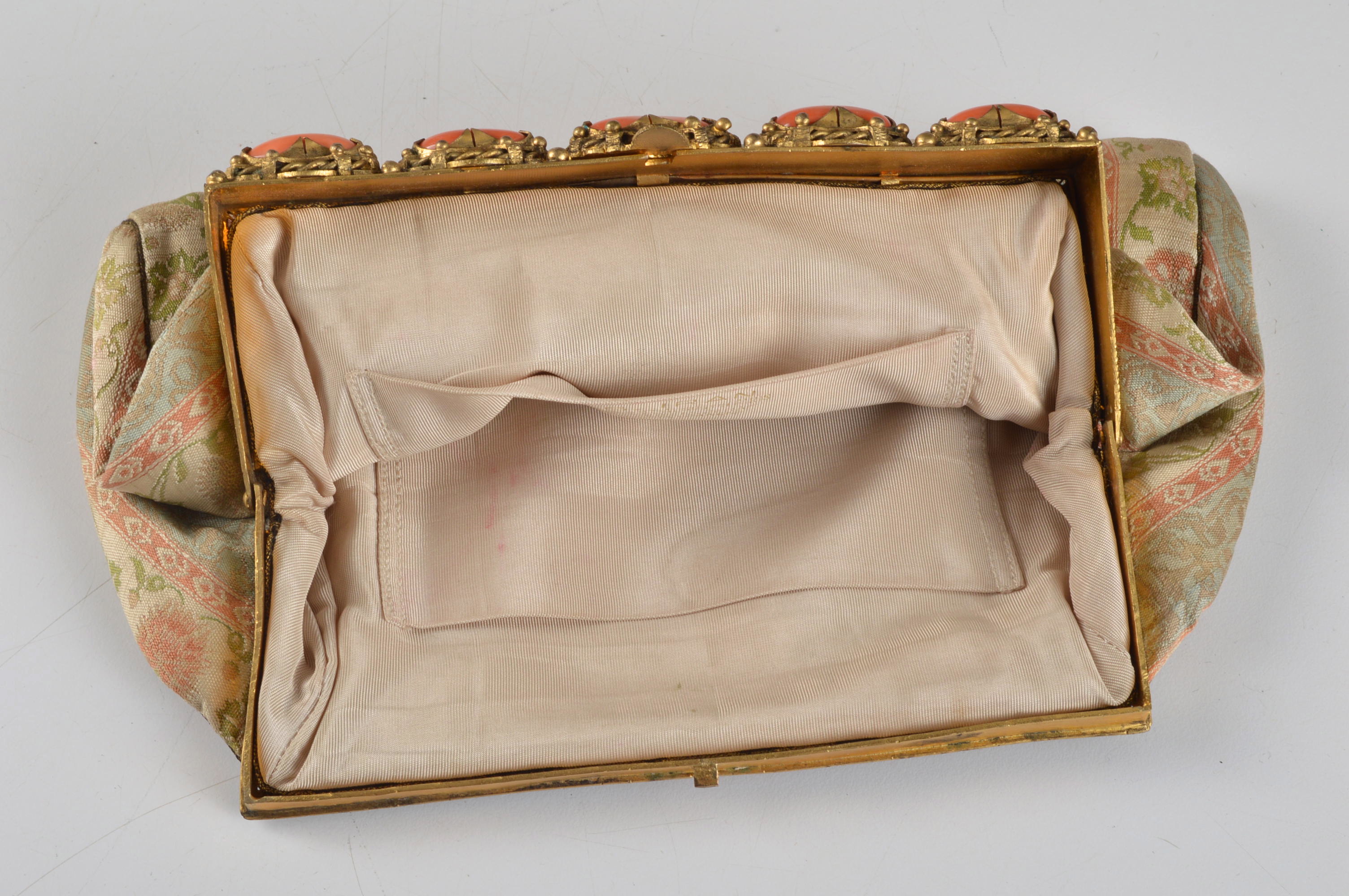 French Early 20th Century Silk Brocade Clutch with Coral Glass
