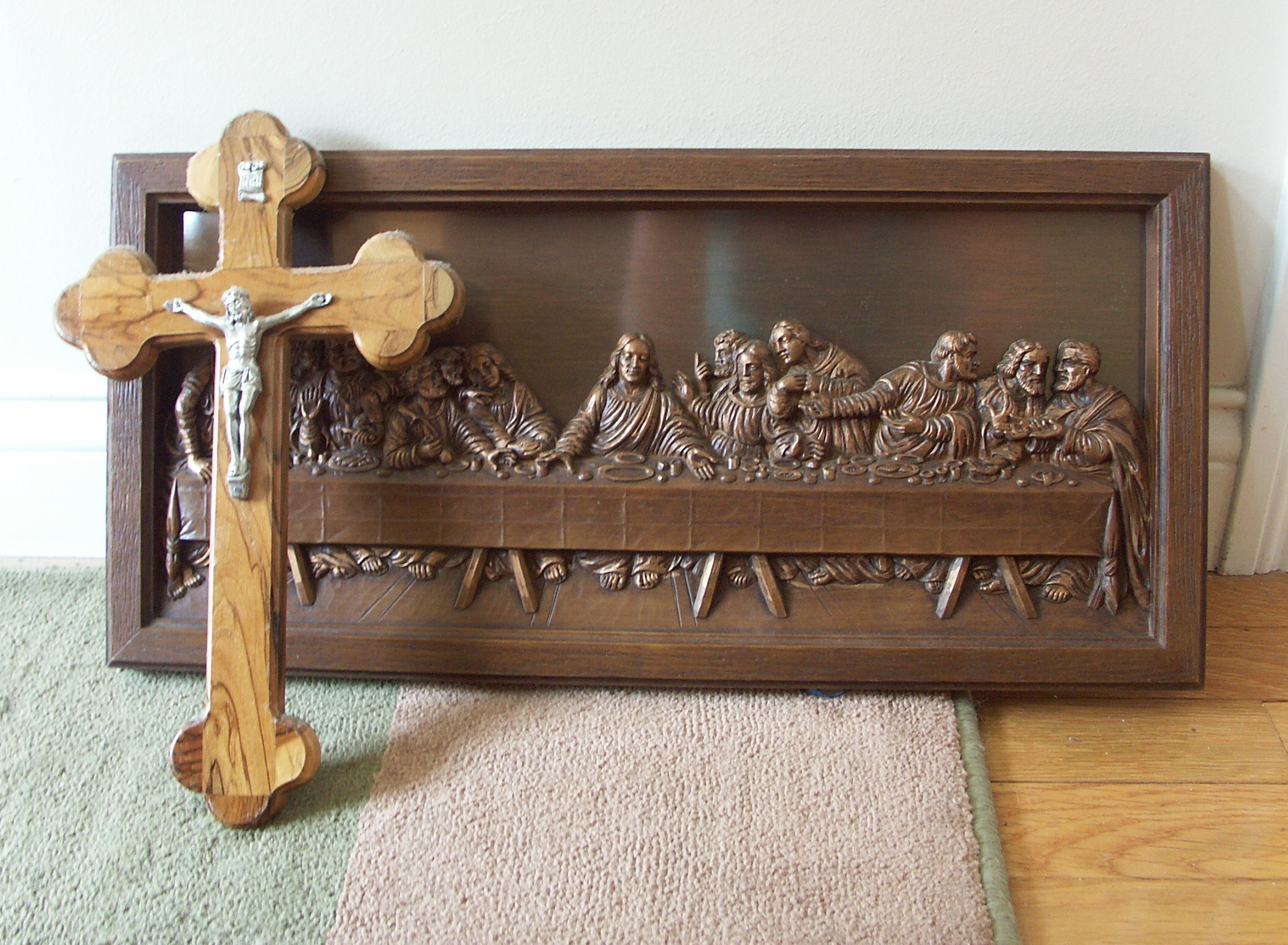 Copper Religious Print, Crucifix, and Saints Book