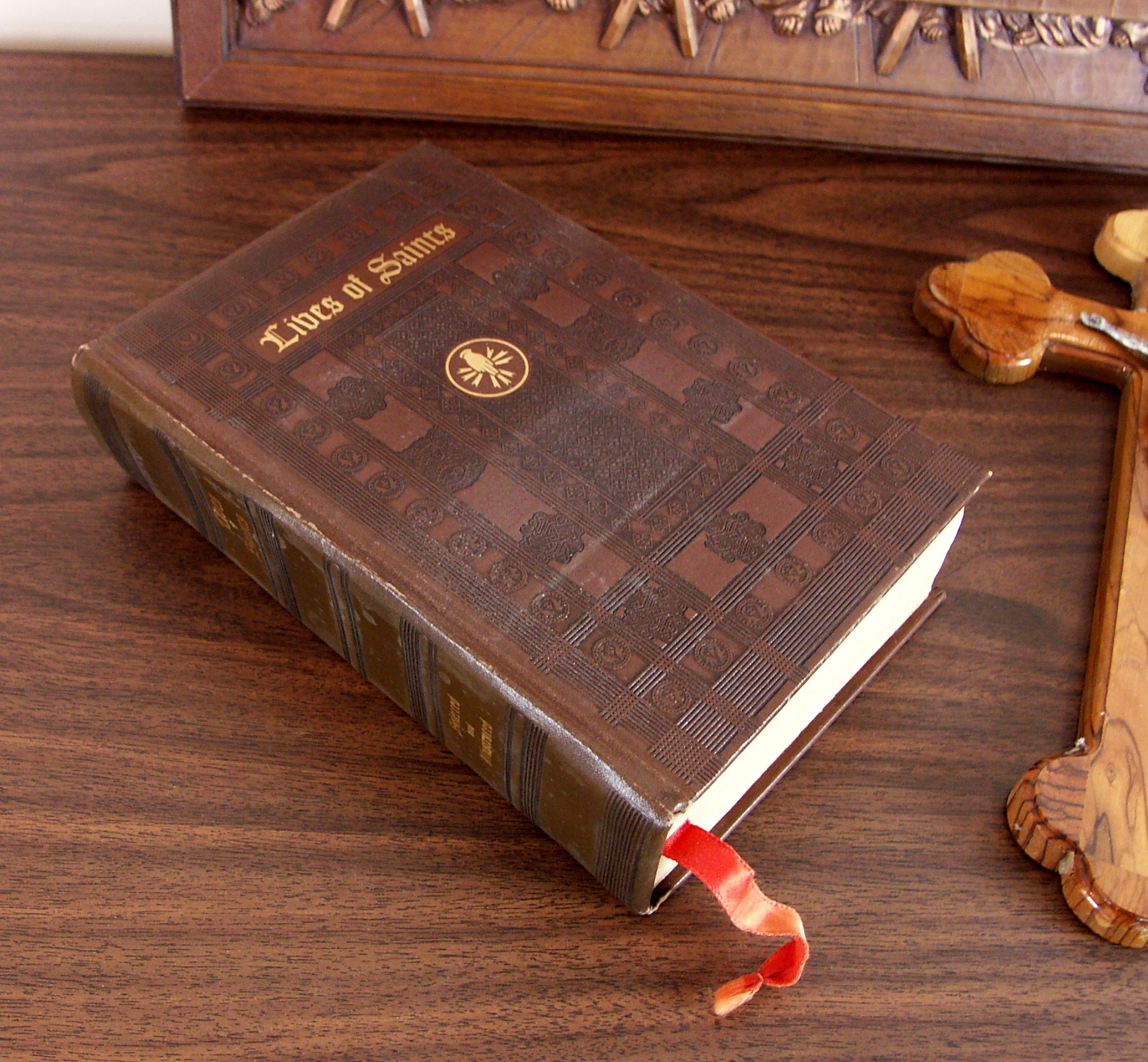 Copper Religious Print, Crucifix, and Saints Book