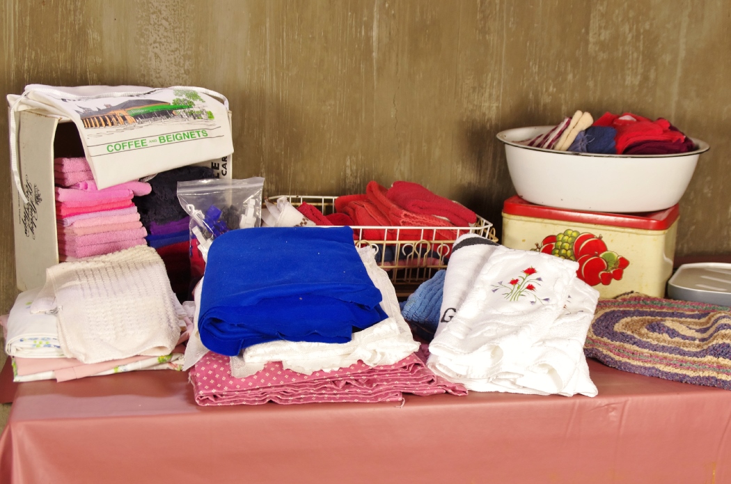 Linens and Towels Cleanout with Vintage Enamel Basin and Breadbox