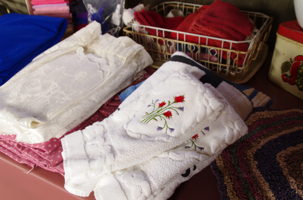 Linens and Towels Cleanout with Vintage Enamel Basin and Breadbox