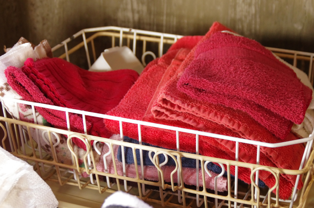 Linens and Towels Cleanout with Vintage Enamel Basin and Breadbox