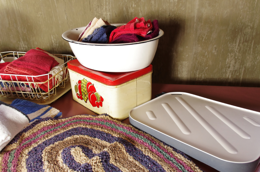 Linens and Towels Cleanout with Vintage Enamel Basin and Breadbox