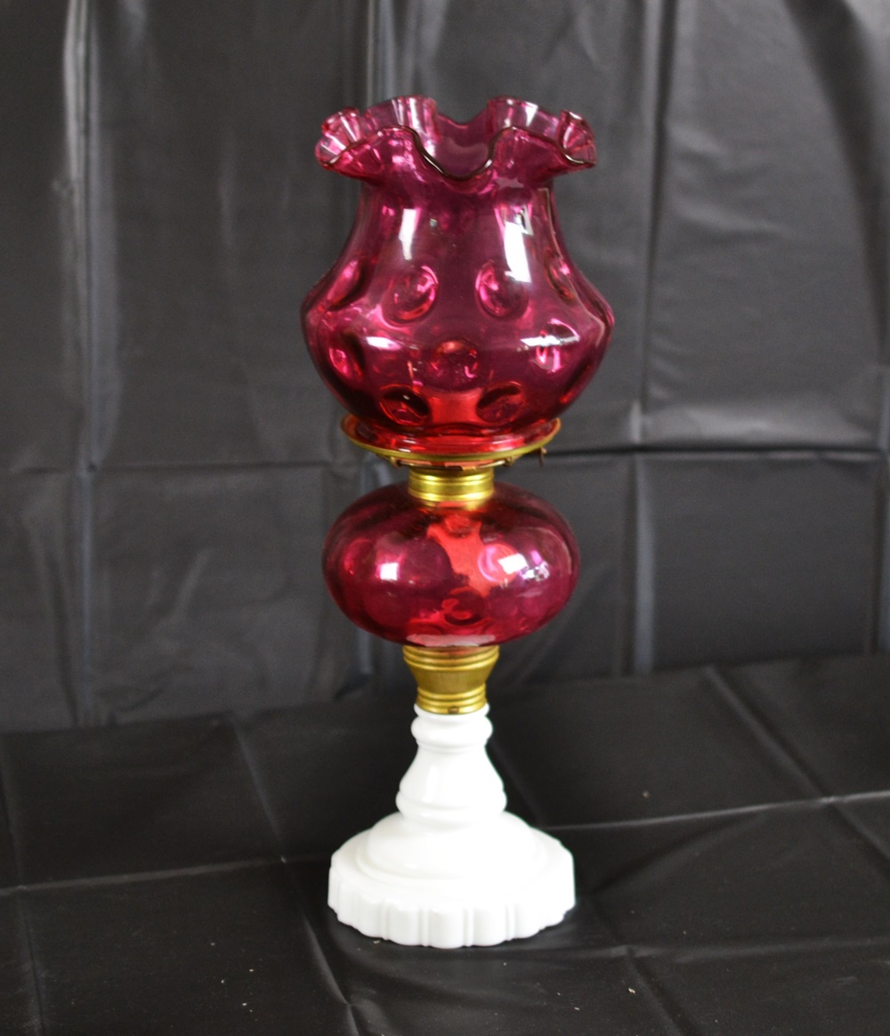 Vintage Fenton Cranberry And Milk Glass Oil Lamp