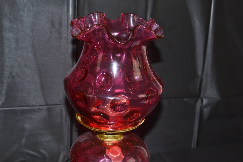 Vintage Fenton Cranberry And Milk Glass Oil Lamp
