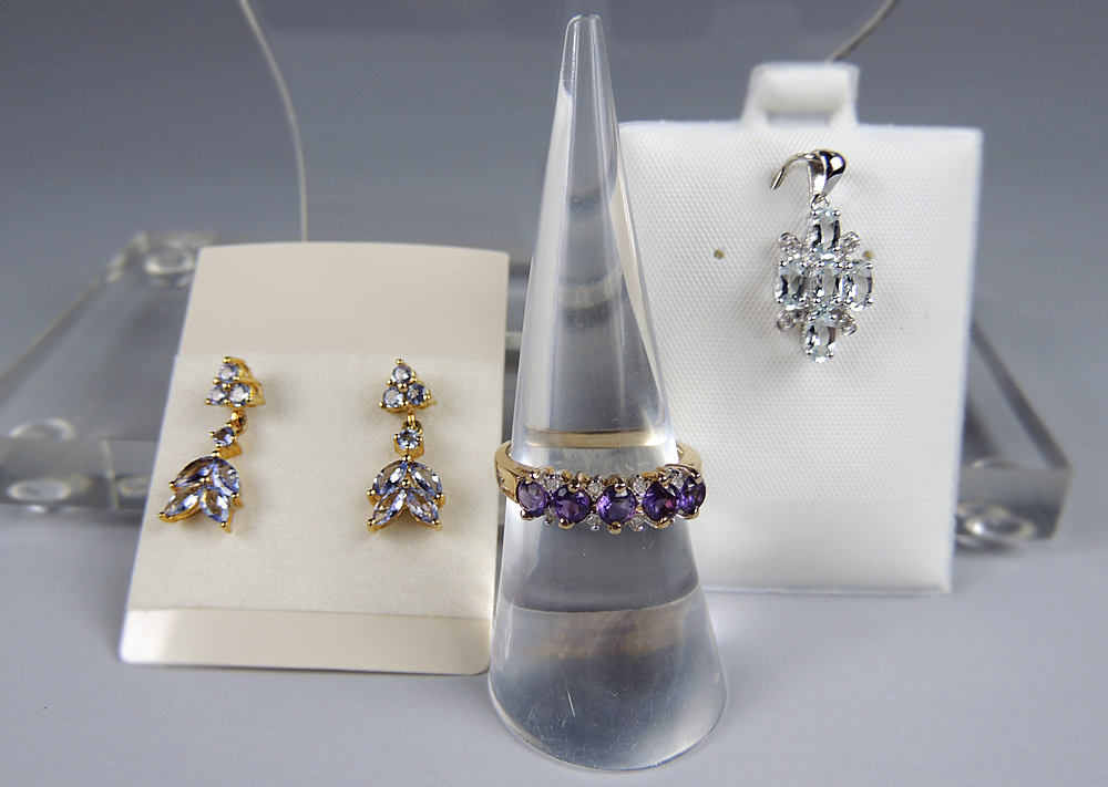 10kt Gold Aquamarine Pendant, Tanzanite Earrings & Amethyst Ring