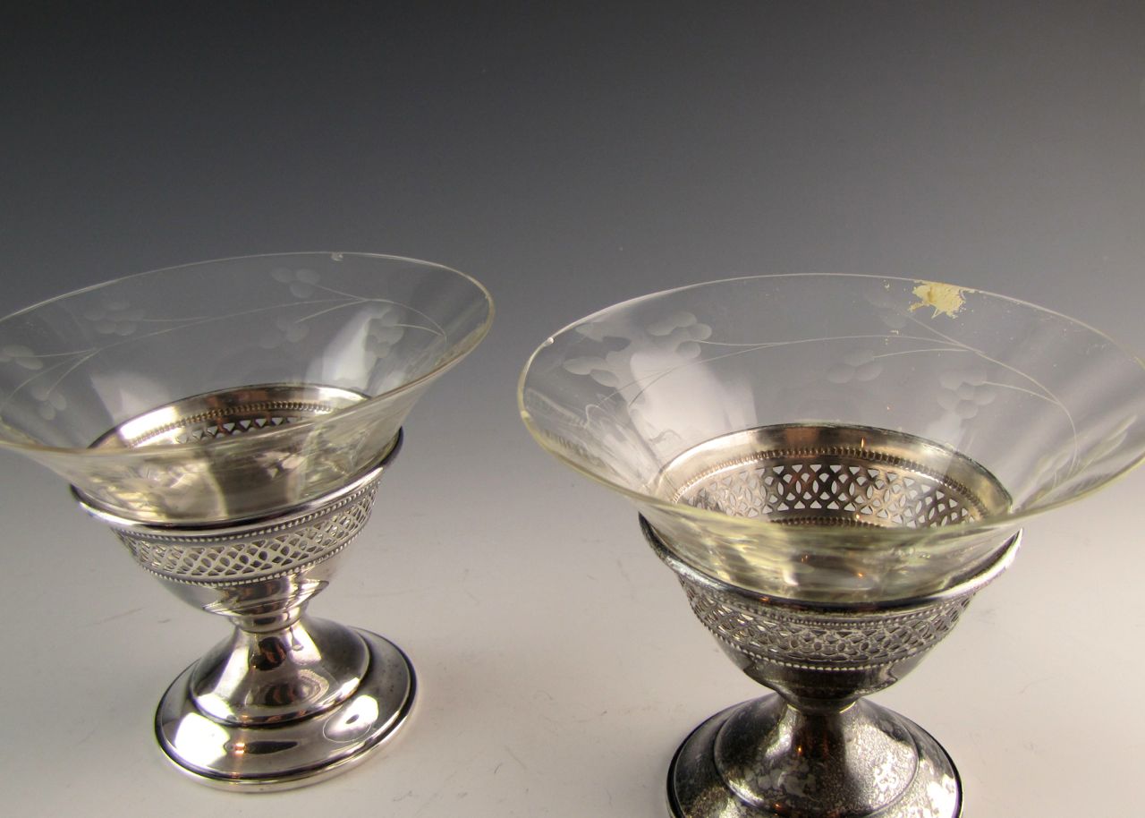 Antique Sterling Silver Dessert Cups With Glass Inserts (6)