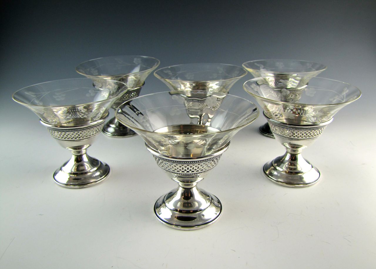 Antique Sterling Silver Dessert Cups With Glass Inserts (6)