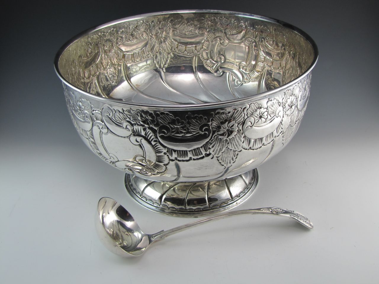 Old Sheffield Hand-Chased Punch Bowl with Twelve Cups