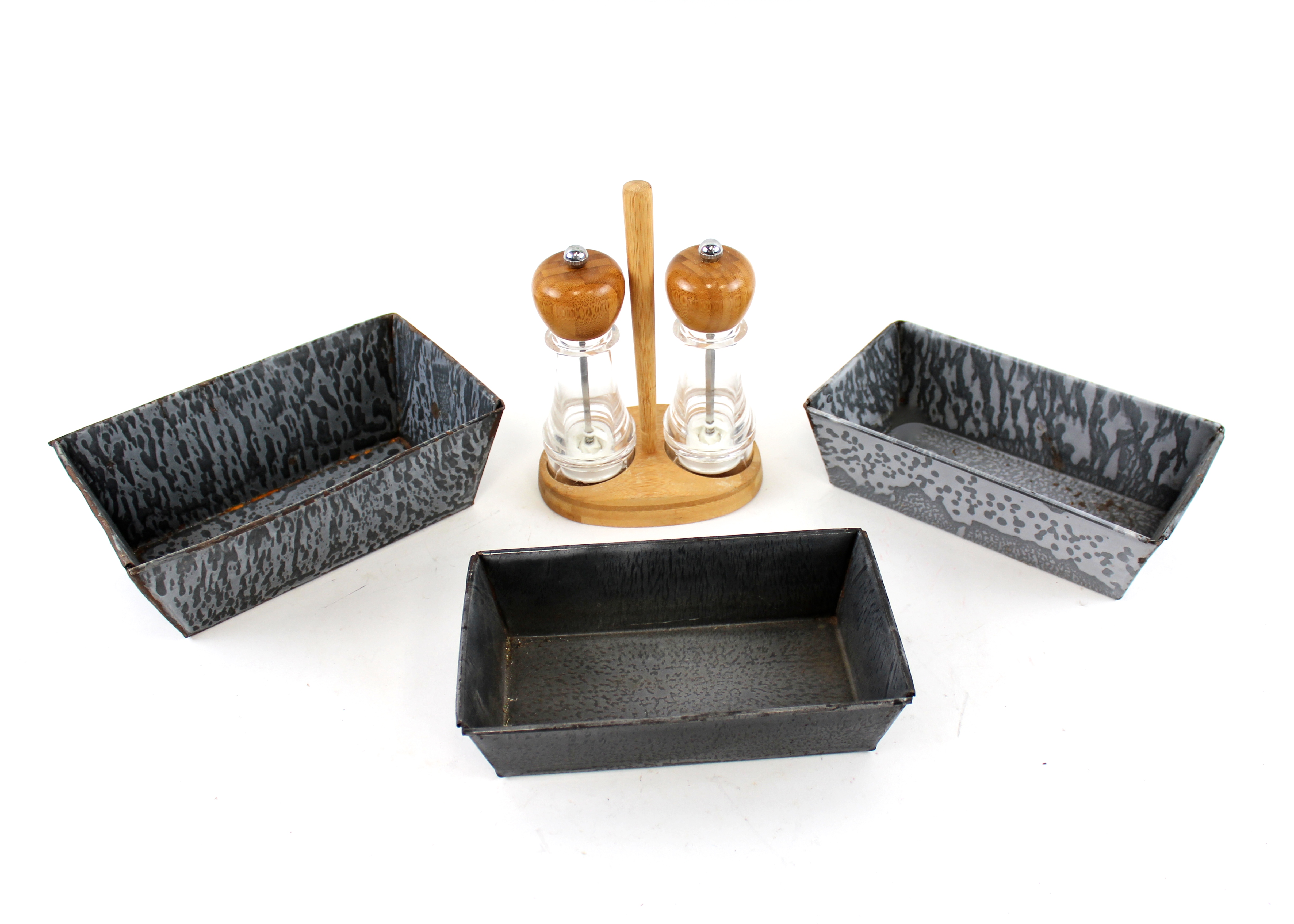 Salt and Pepper Shakers with Stand and Three Vintage Bread Pans