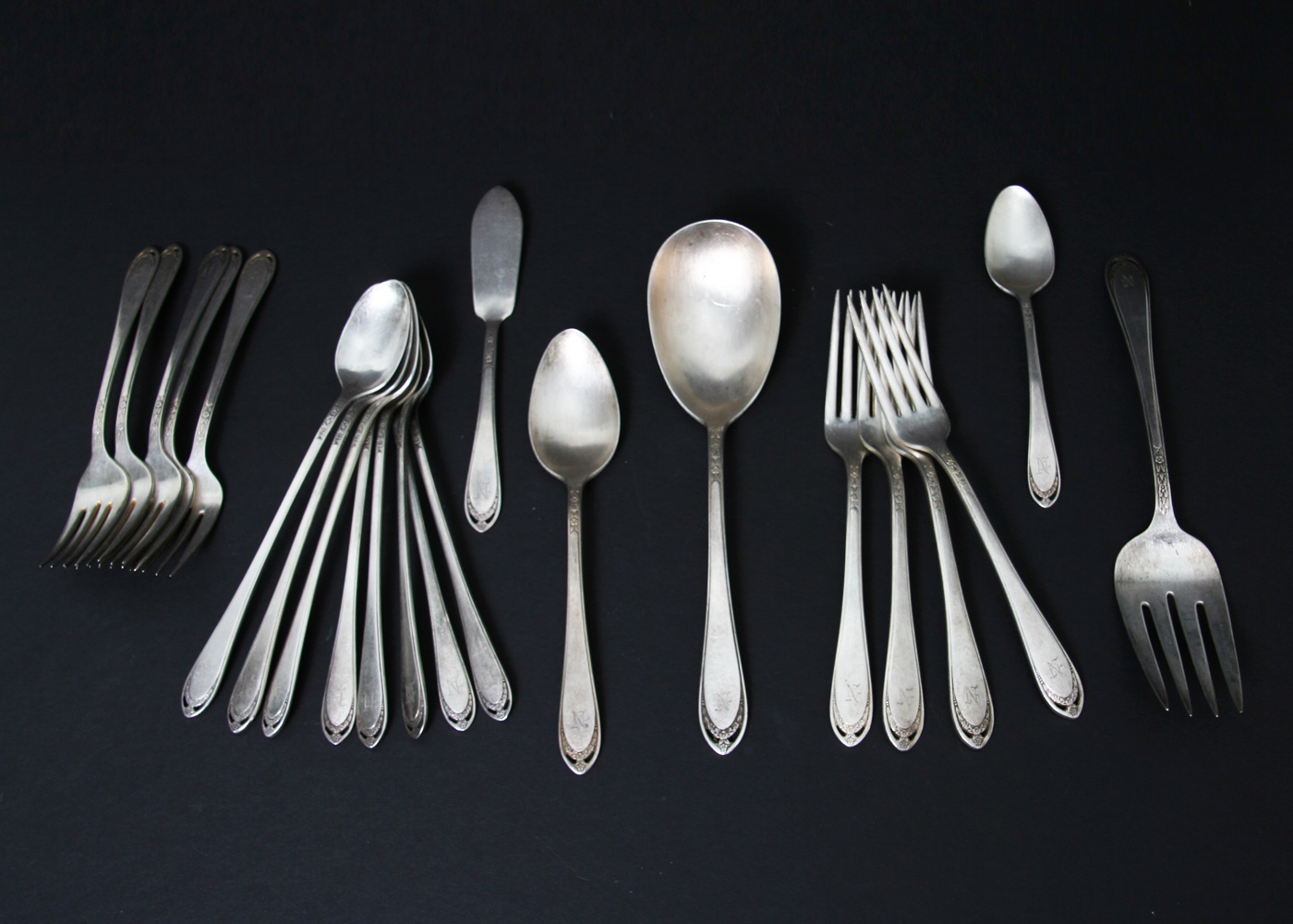 24-Piece Set of Vintage Monogrammed "N" Silver Plated Flatware
