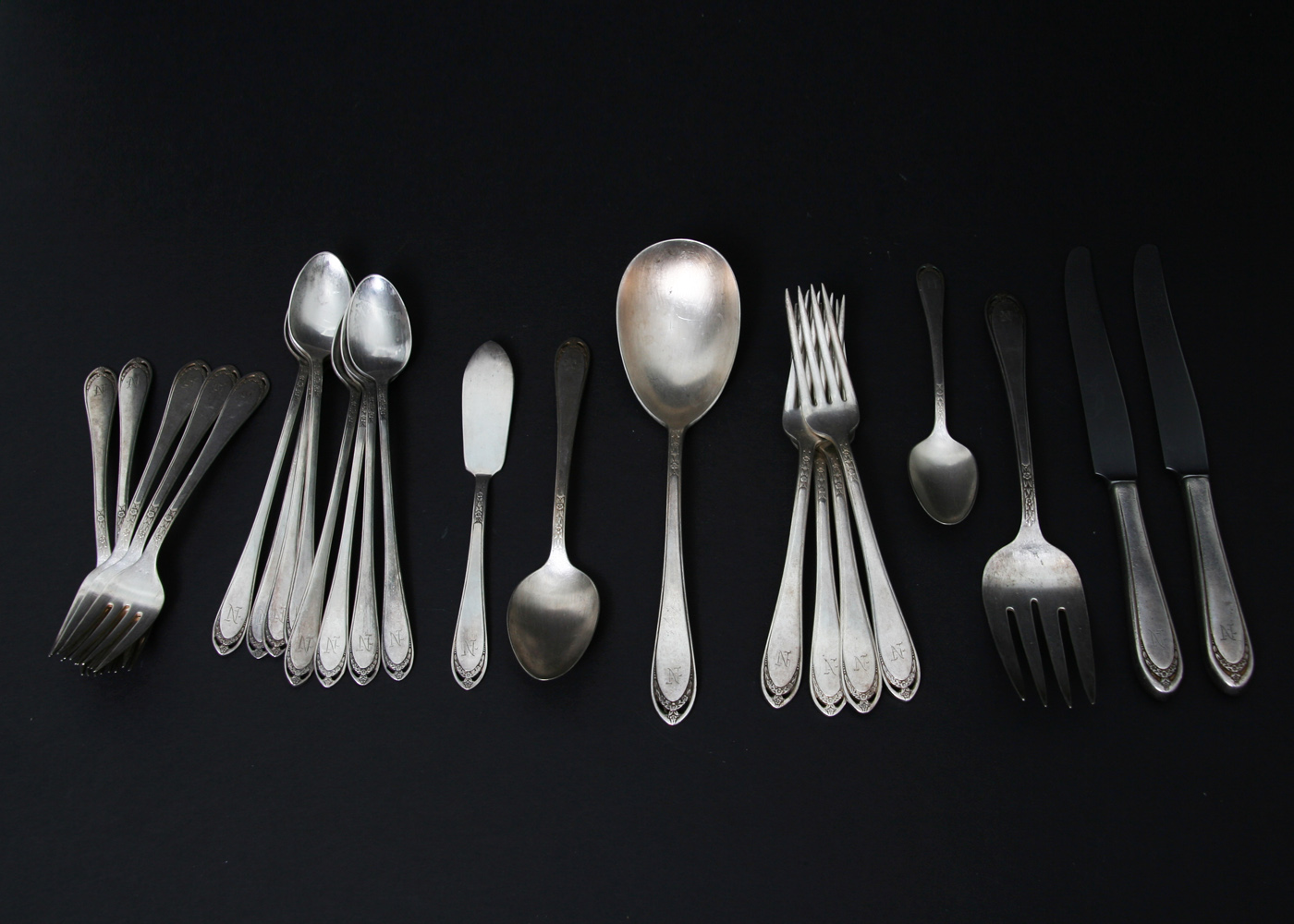24-Piece Set of Vintage Monogrammed "N" Silver Plated Flatware