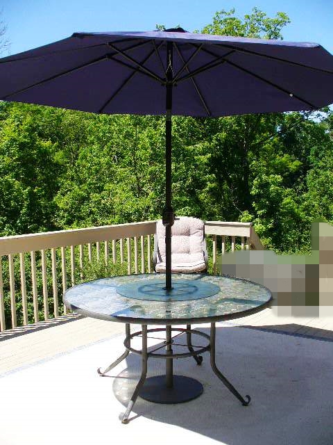Etched Glass Table with Lazy Susan, Umbrella and Five Chairs