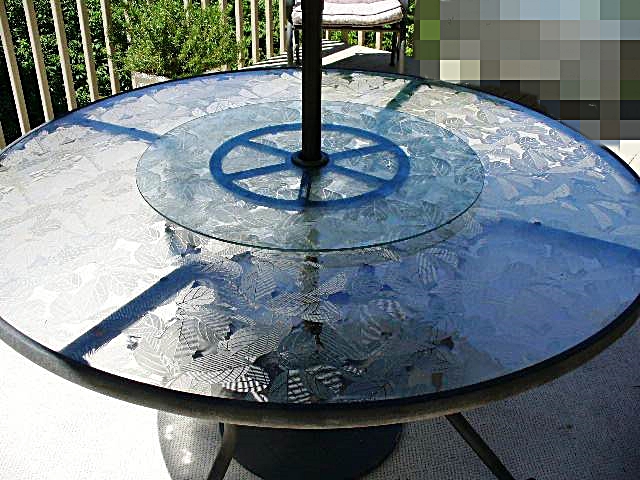 Etched Glass Table with Lazy Susan, Umbrella and Five Chairs