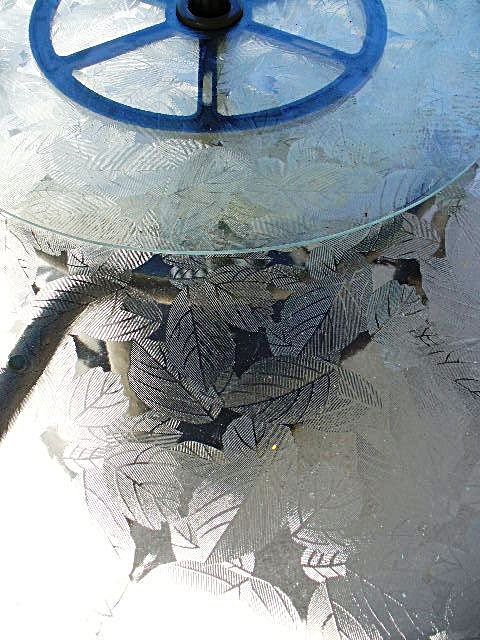 Etched Glass Table with Lazy Susan, Umbrella and Five Chairs