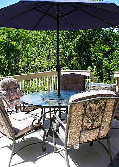 Etched Glass Table with Lazy Susan, Umbrella and Five Chairs