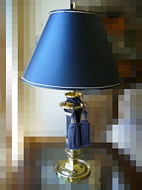 Stiffel Brass Table Lamp with Navy Blue Shade and Two Tassels
