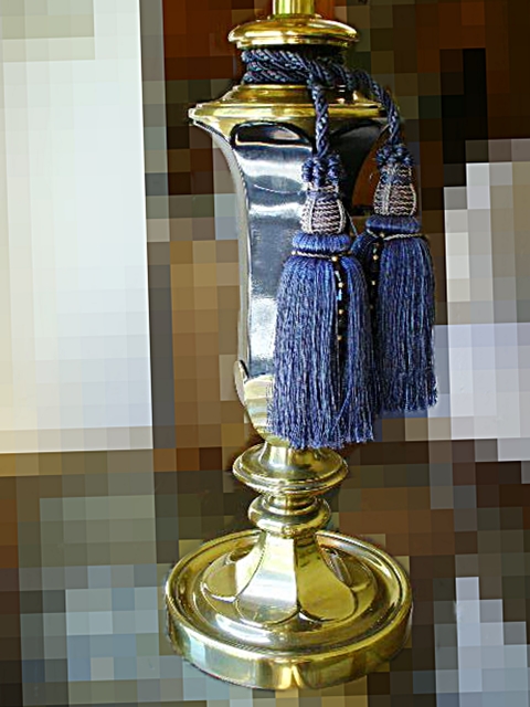 Stiffel Brass Table Lamp with Navy Blue Shade and Two Tassels