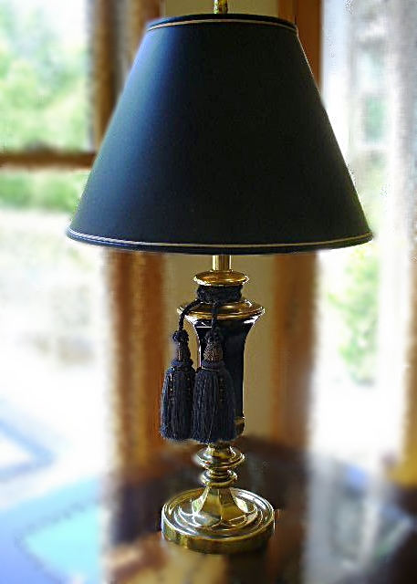 Stiffel Brass Table Lamp with Navy Blue Shade and Two Tassels