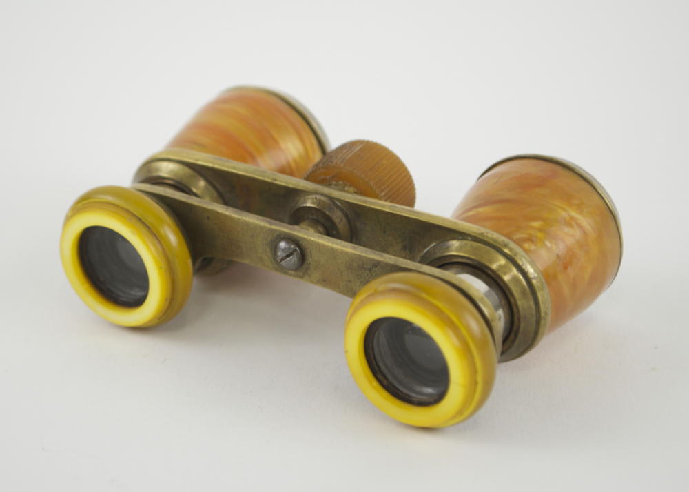 Small Orange Pearlized Plastic and Brass Binoculars