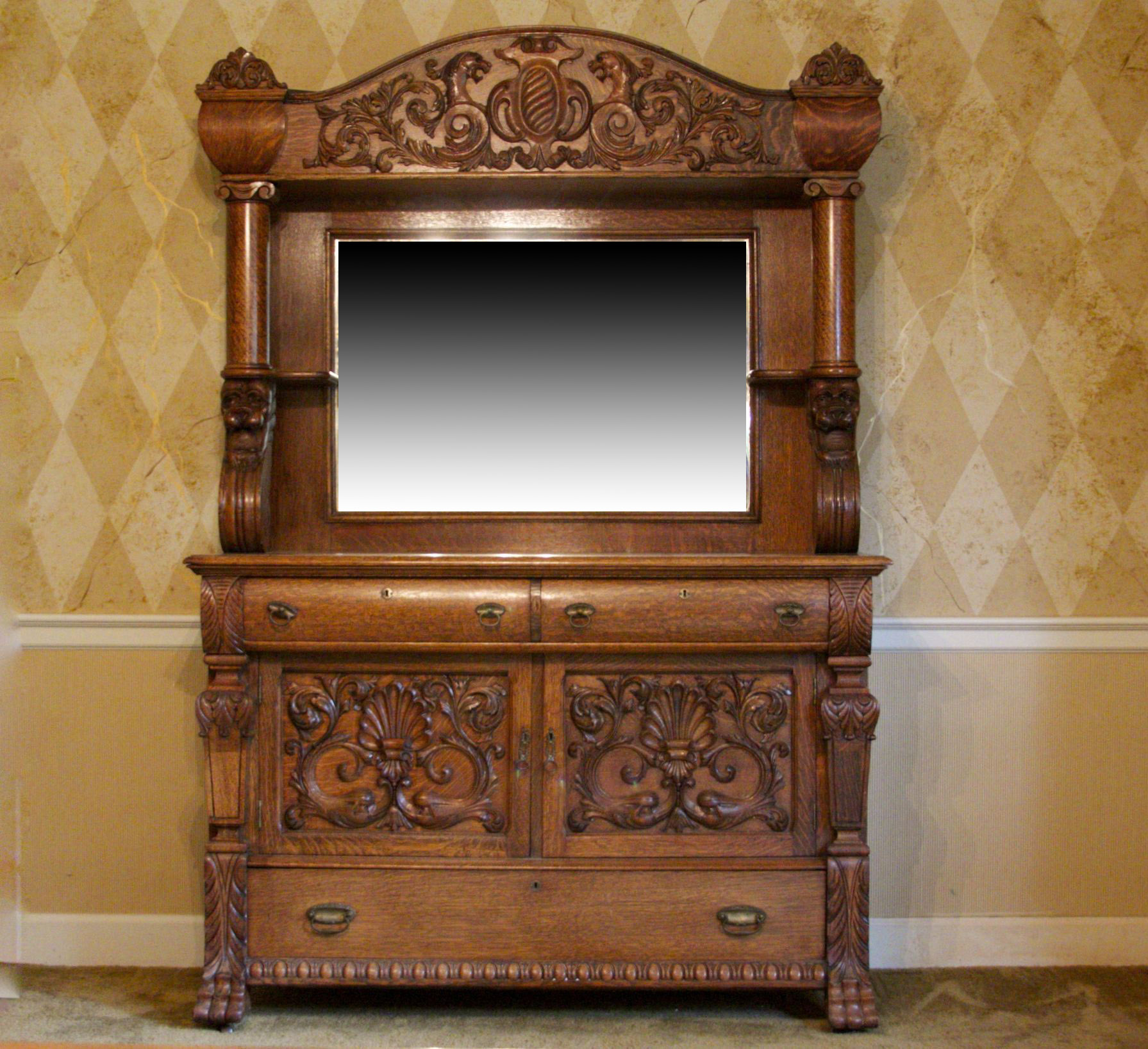 Antique Tiger Oak Sideboard Buffet with Beveled Mirror