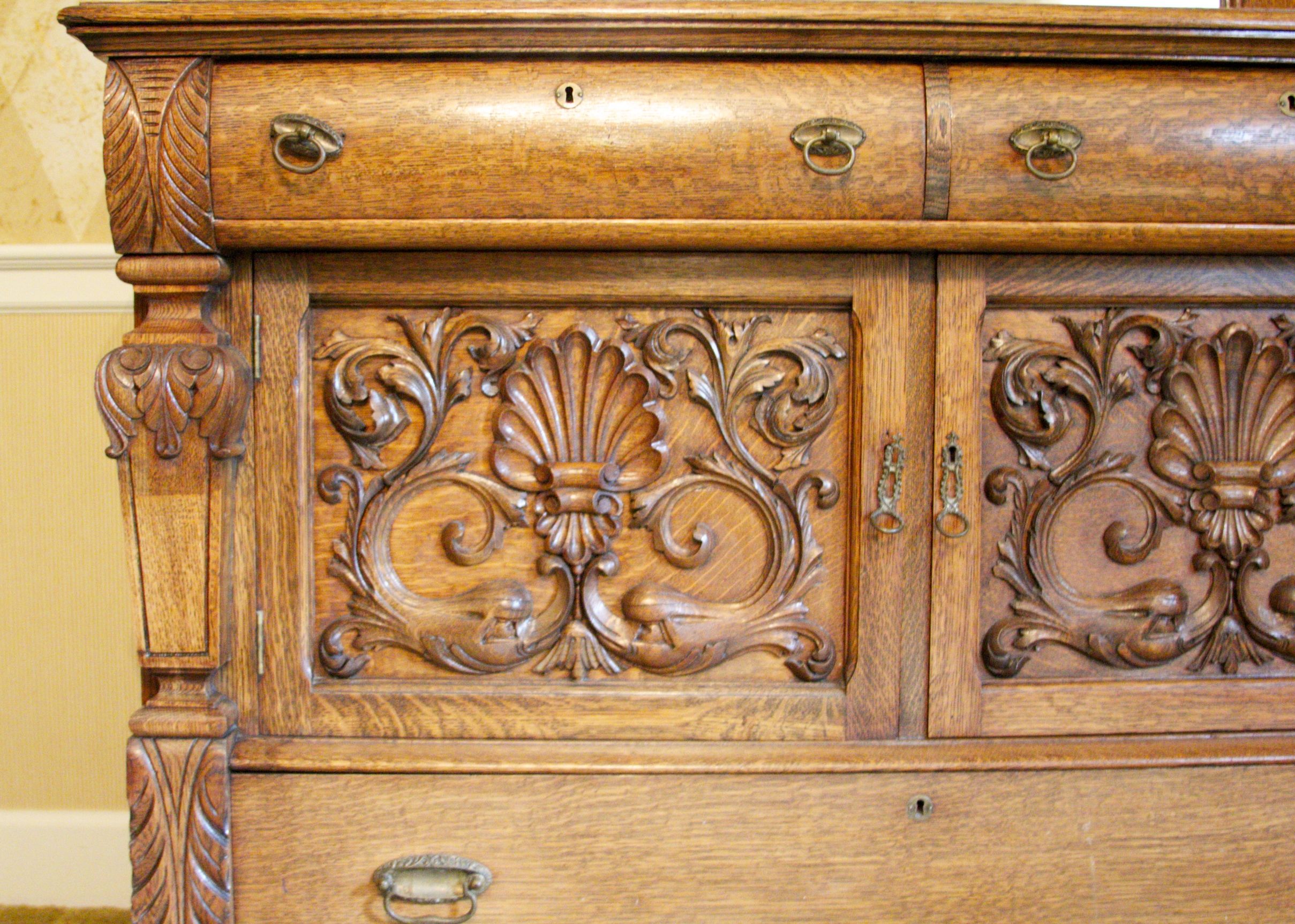 Antique Tiger Oak Sideboard Buffet with Beveled Mirror