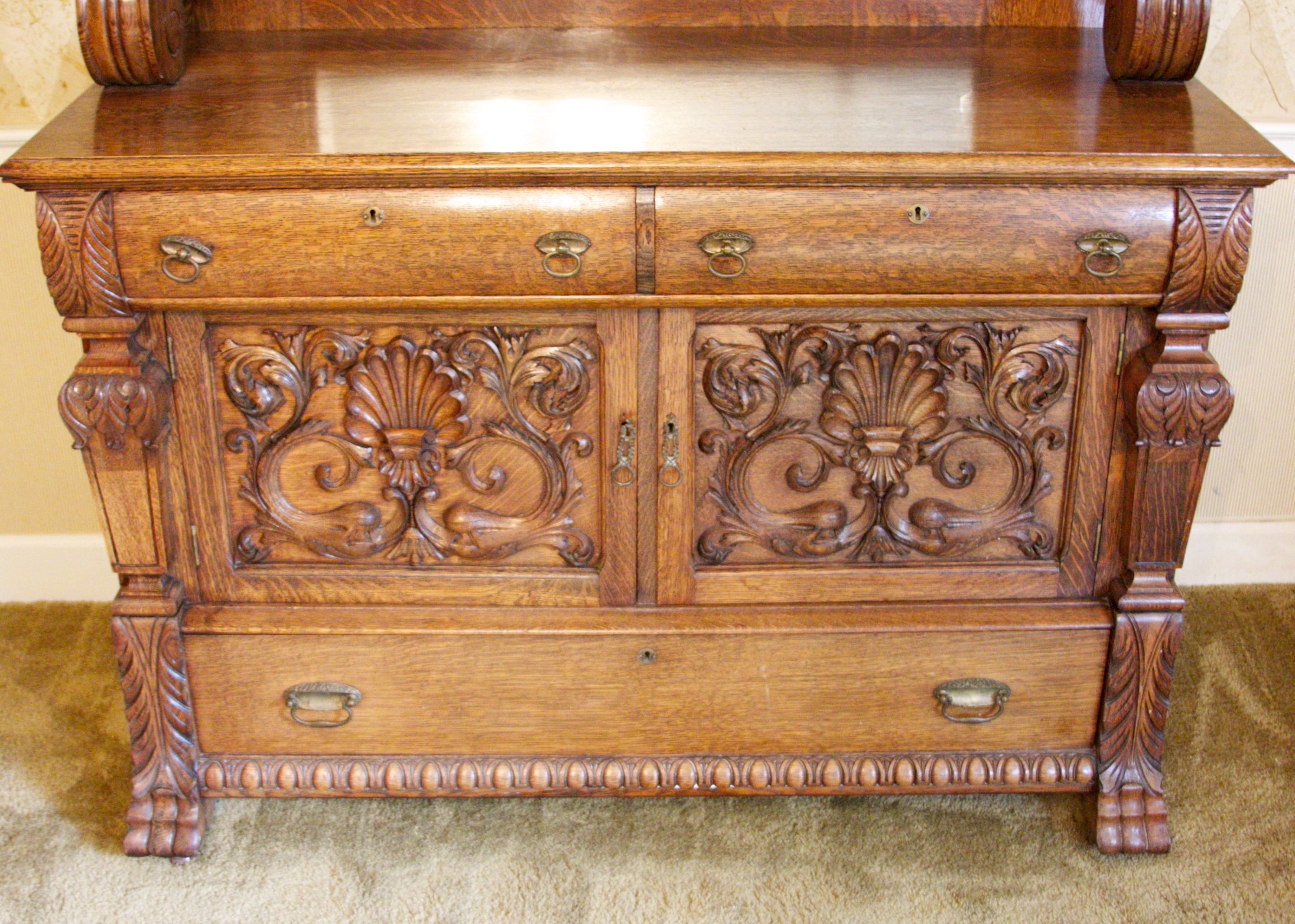 Antique Tiger Oak Sideboard Buffet with Beveled Mirror