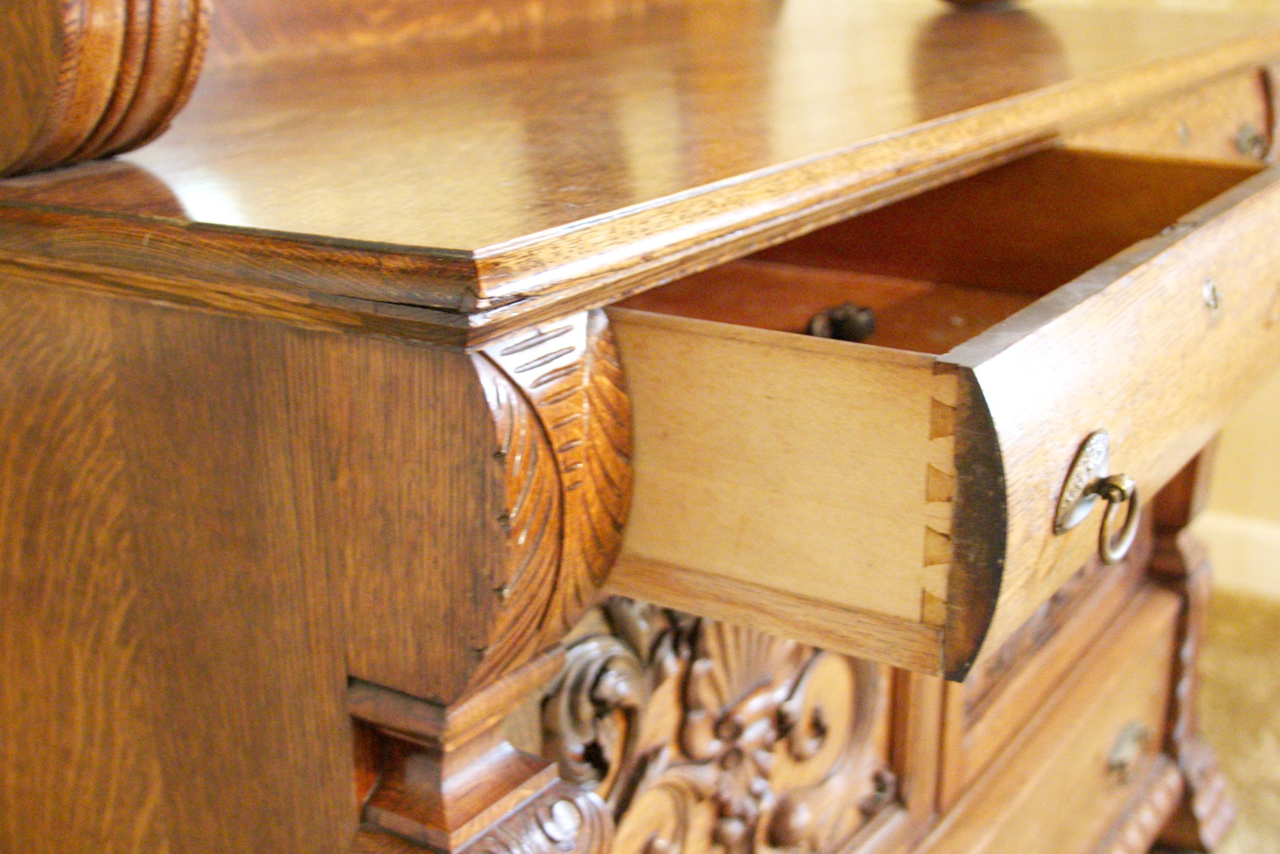 Antique Tiger Oak Sideboard Buffet with Beveled Mirror