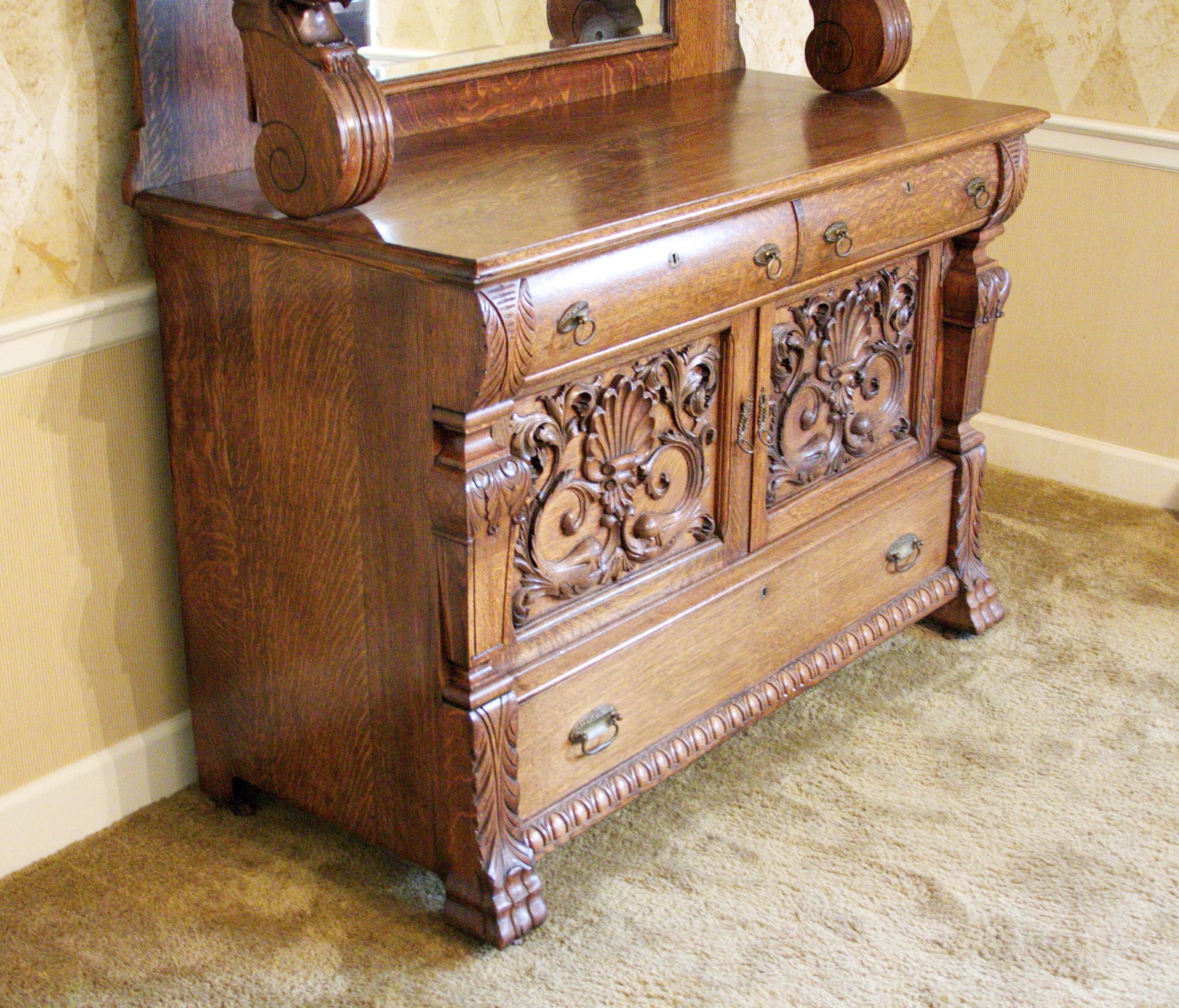 Antique Tiger Oak Sideboard Buffet with Beveled Mirror