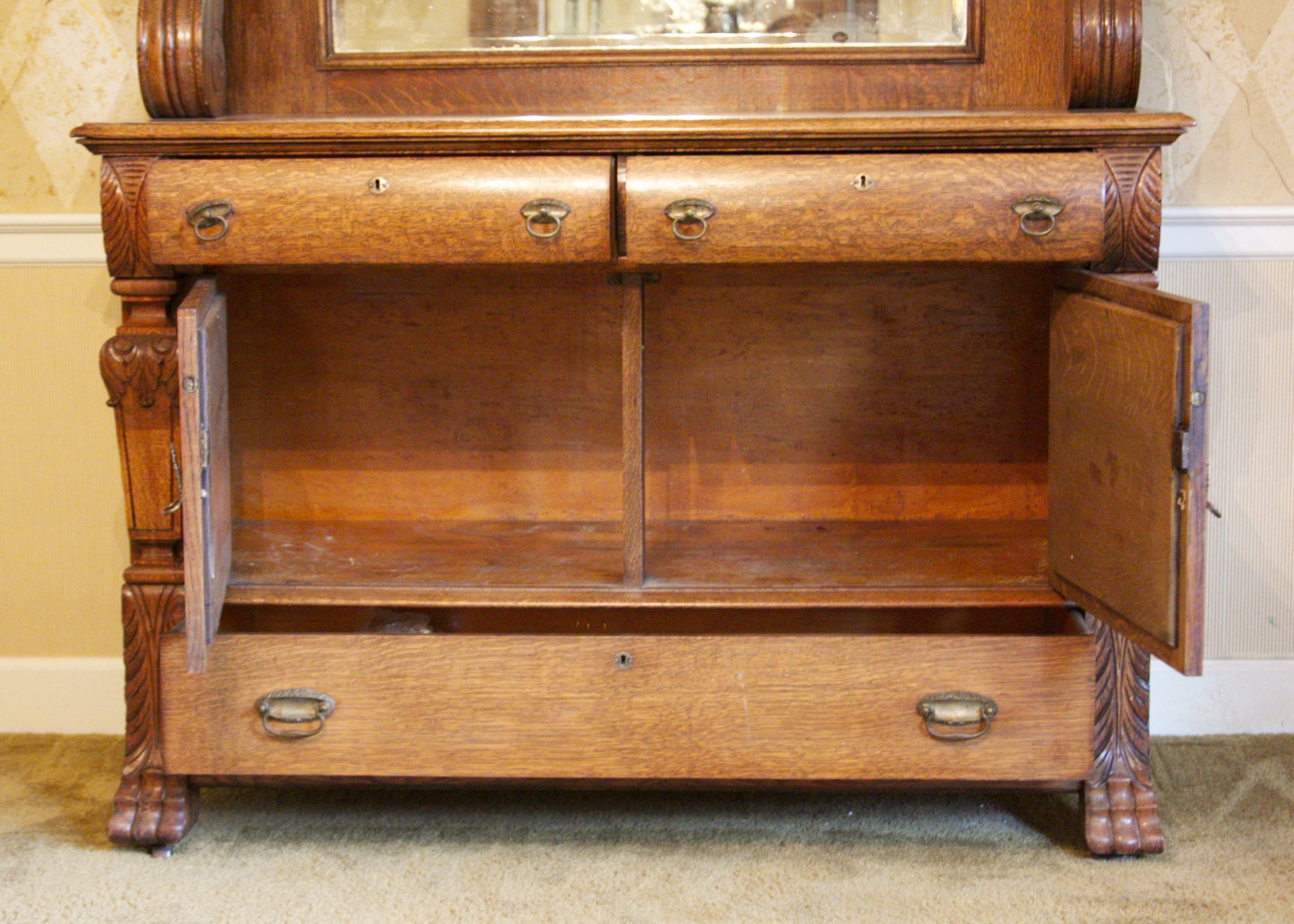 Antique Tiger Oak Sideboard Buffet with Beveled Mirror