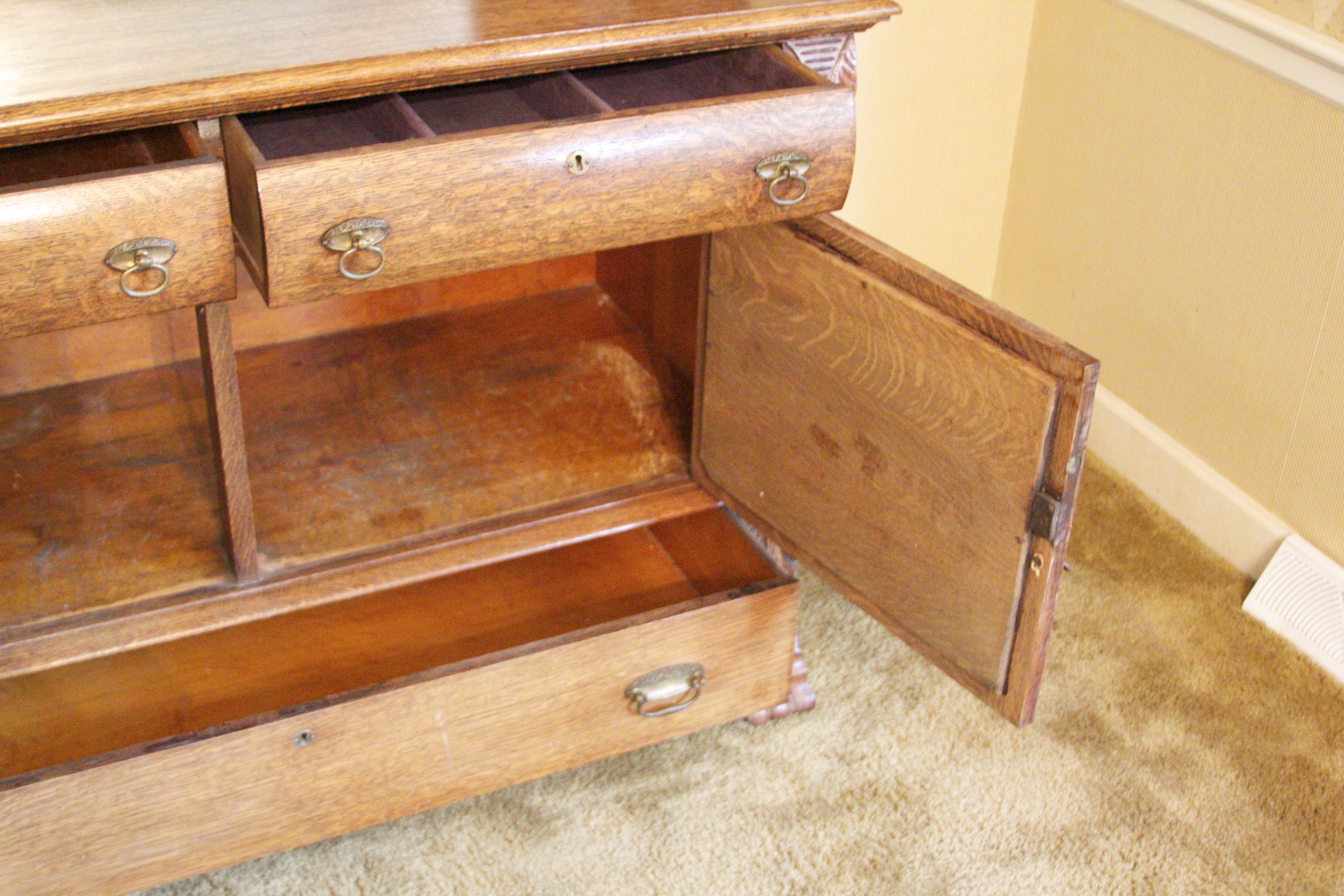 Antique Tiger Oak Sideboard Buffet with Beveled Mirror
