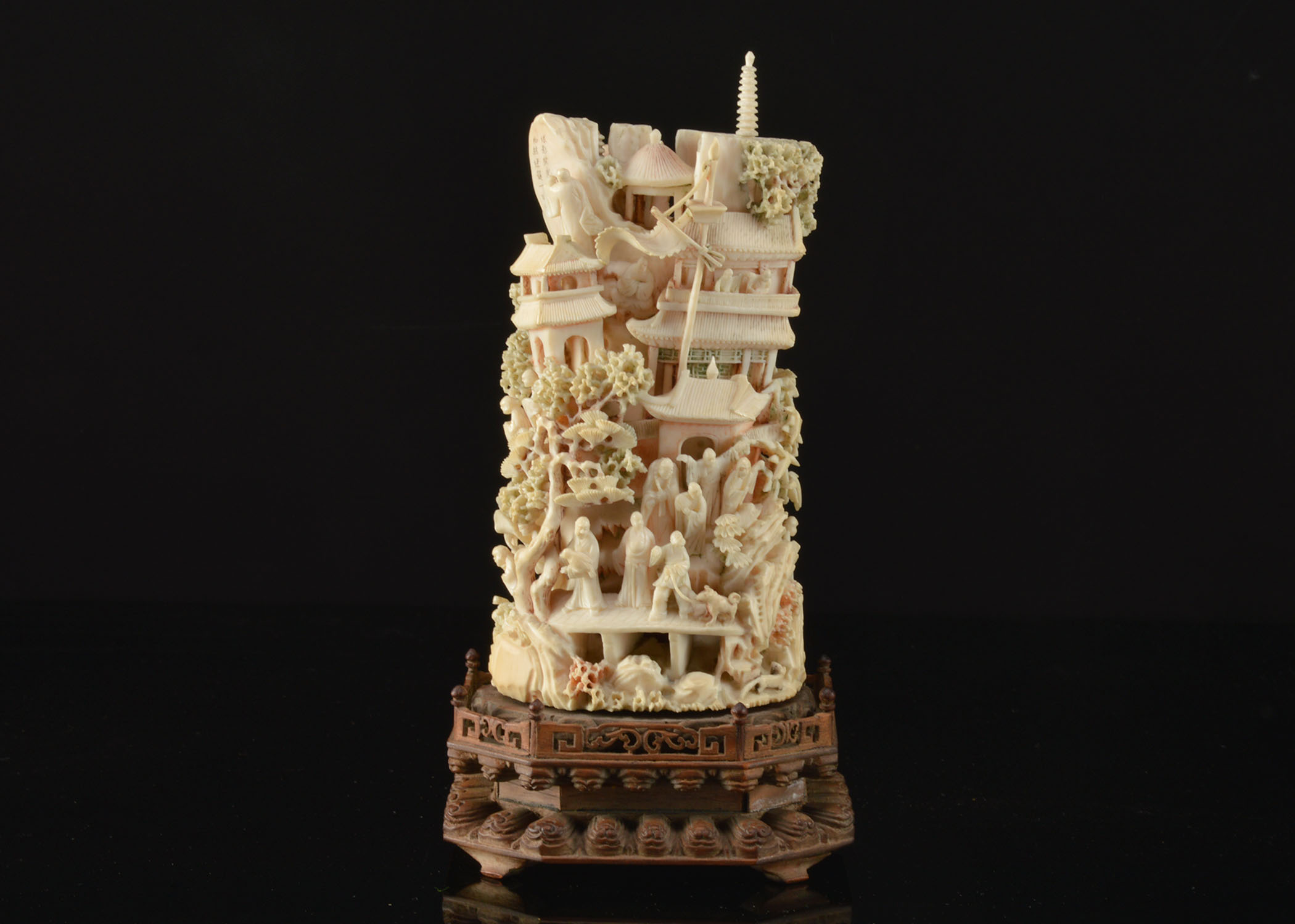 Japanese Hand-Carved Polychrome Ivory Sculpture Tower