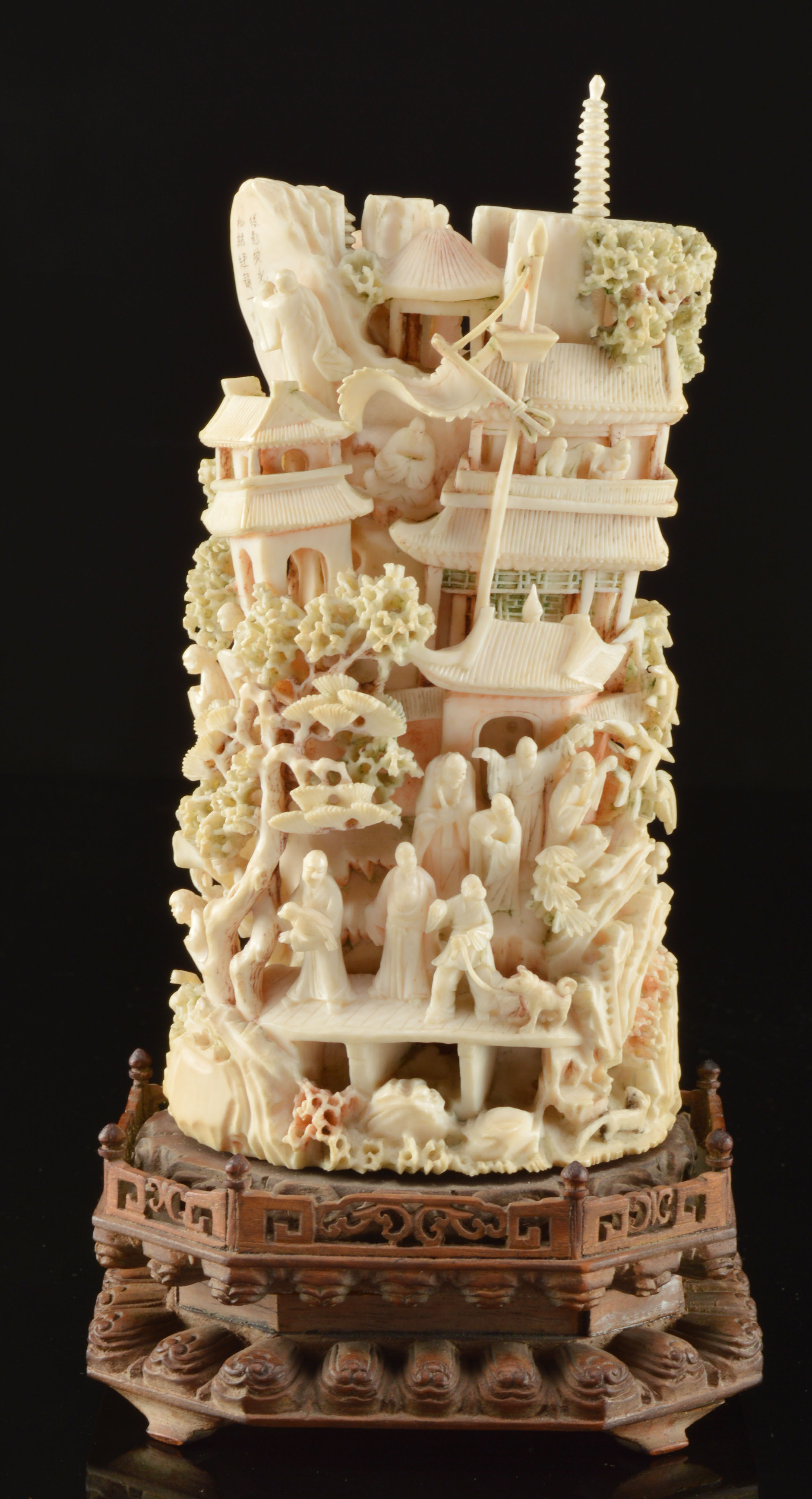 Japanese Hand-Carved Polychrome Ivory Sculpture Tower