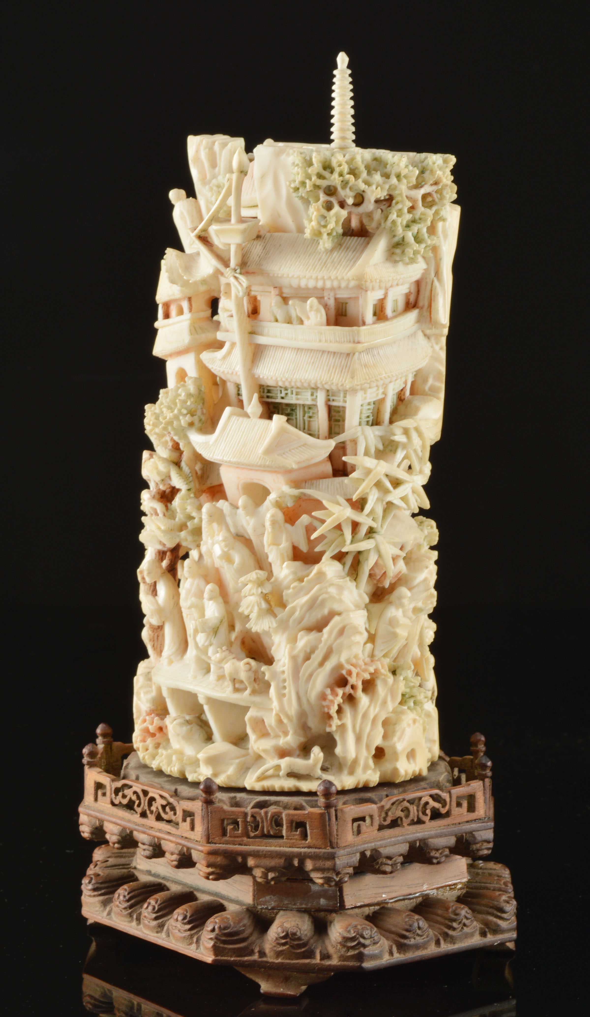 Japanese Hand-Carved Polychrome Ivory Sculpture Tower